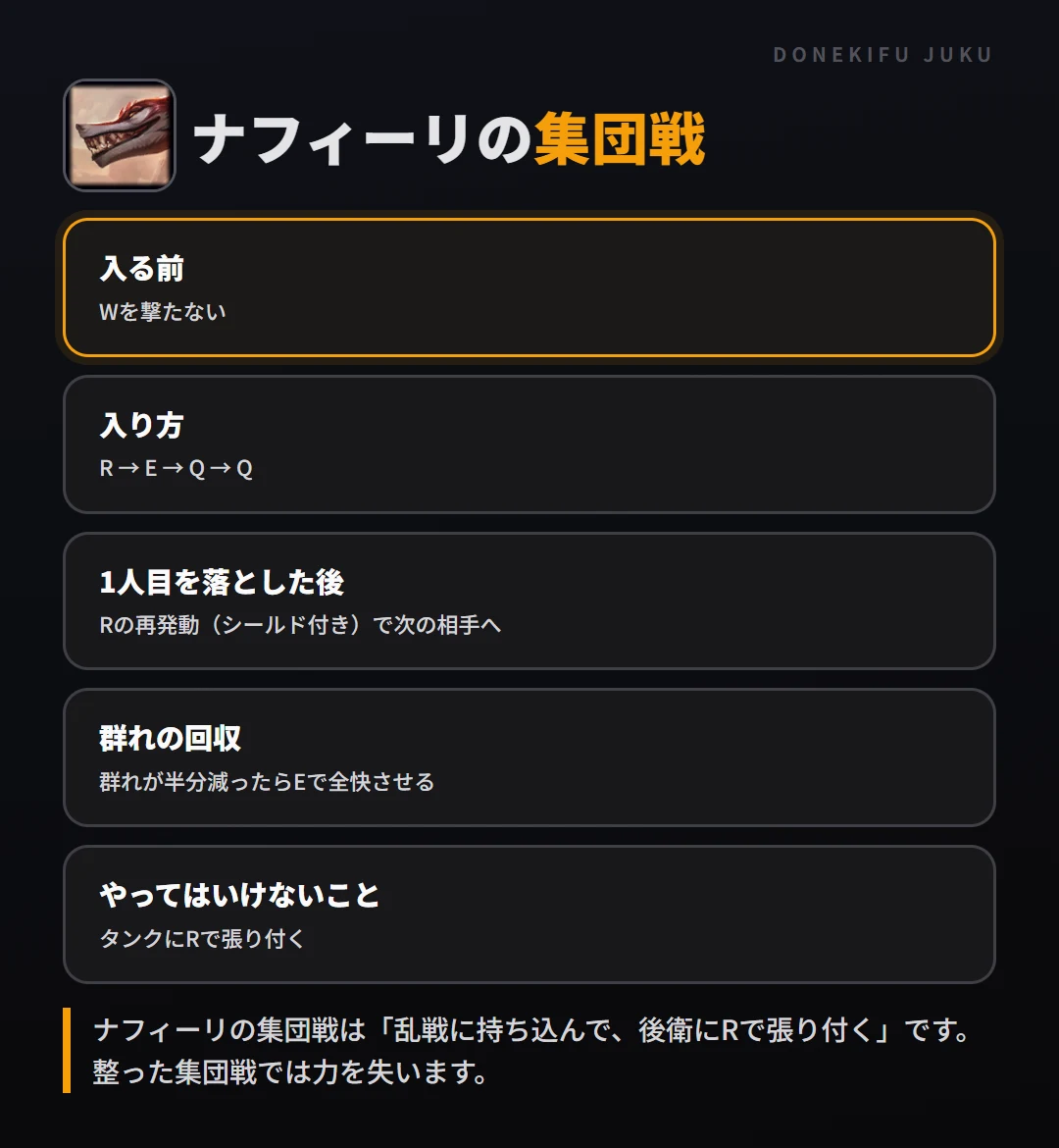 ナフィーリの集団戦の立ち回り。入る前、入り方、1人目を落とした後、群れの回収、やってはいけないこと