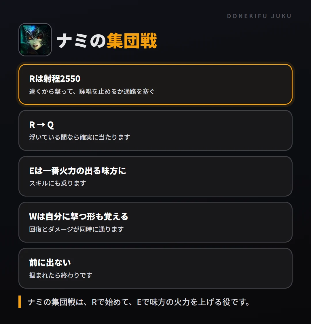 ナミの集団戦の立ち回り。Rは射程2550、R → Q、Eは一番火力の出る味方に、Wは自分に撃つ形も覚える、前に出ない