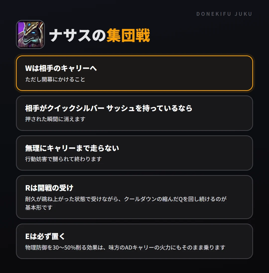 ナサスの集団戦の立ち回り。Wは相手のキャリーへ、相手がクイックシルバー サッシュを持っているなら、無理にキャリーまで走らない、Rは開戦の受け、Eは必ず置く