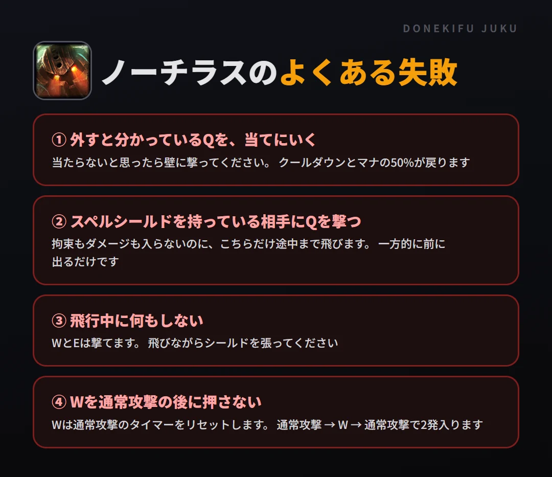 ノーチラスのよくある失敗。外すと分かっているQを、当てにいく、スペルシールドを持っている相手にQを撃つ、飛行中に何もしない、Wを通常攻撃の後に押さない