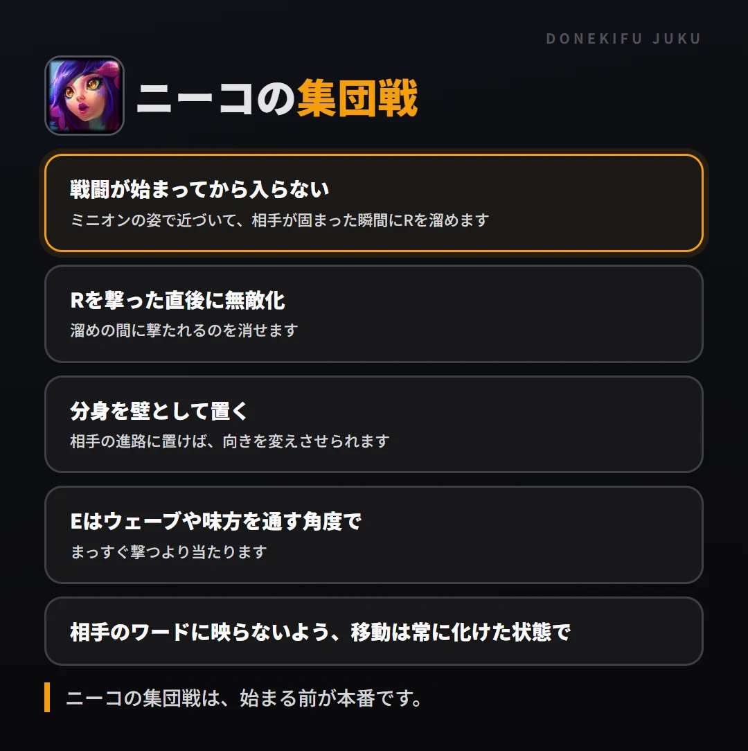 ニーコの集団戦の立ち回り。戦闘が始まってから入らない、Rを撃った直後に無敵化、分身を壁として置く、Eはウェーブや味方を通す角度で、相手のワードに映らないよう、移動は常に化けた状態で