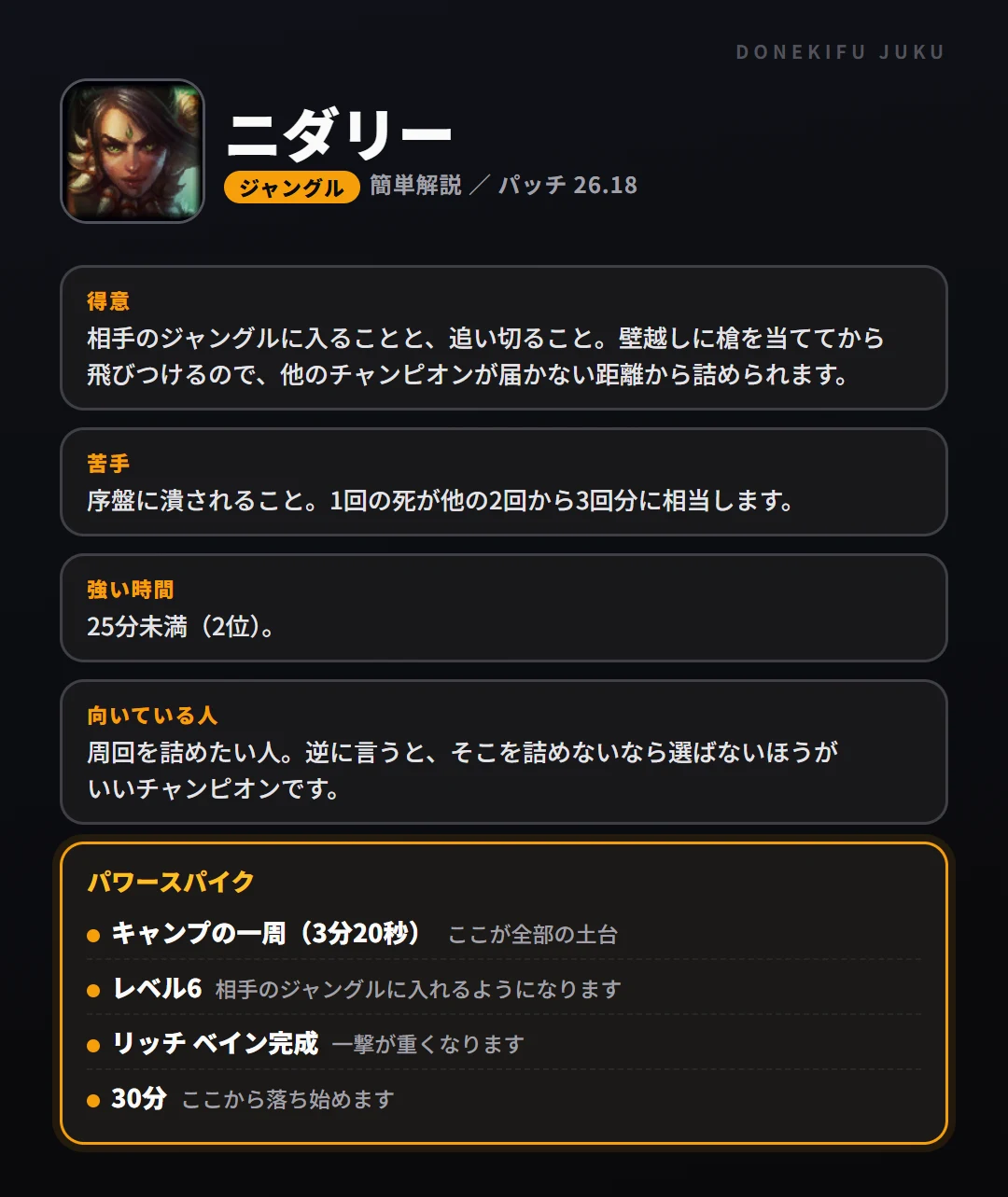 ニダリーはこういうチャンピオン（ジャングル）。得意なこと・苦手なこと・強い時間帯と、パワースパイク
