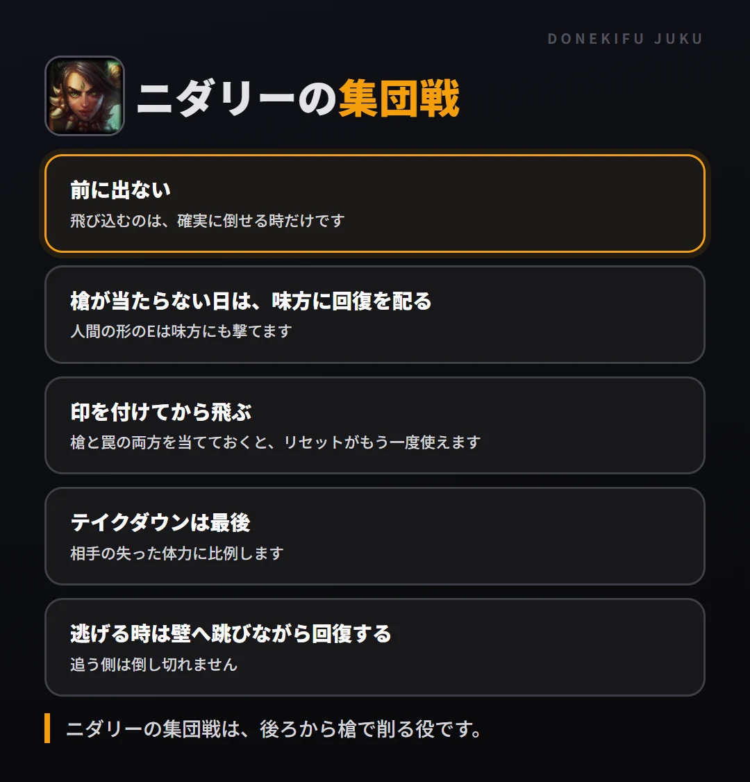 ニダリーの集団戦の立ち回り。前に出ない、槍が当たらない日は、味方に回復を配る、印を付けてから飛ぶ、テイクダウンは最後、逃げる時は壁へ跳びながら回復する