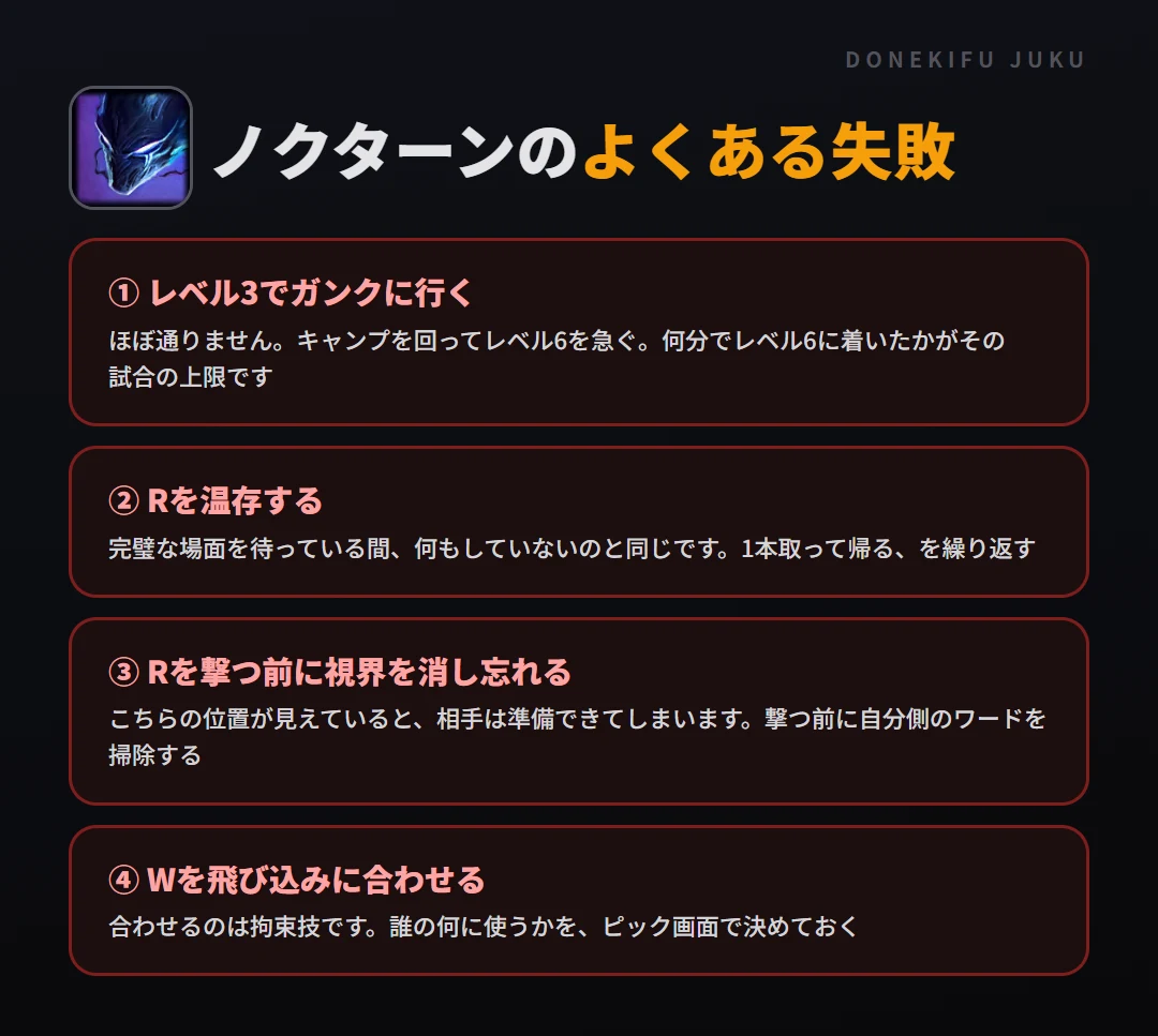 ノクターンのよくある失敗。レベル3でガンクに行く、Rを温存する、Rを撃つ前に視界を消し忘れる、Wを飛び込みに合わせる