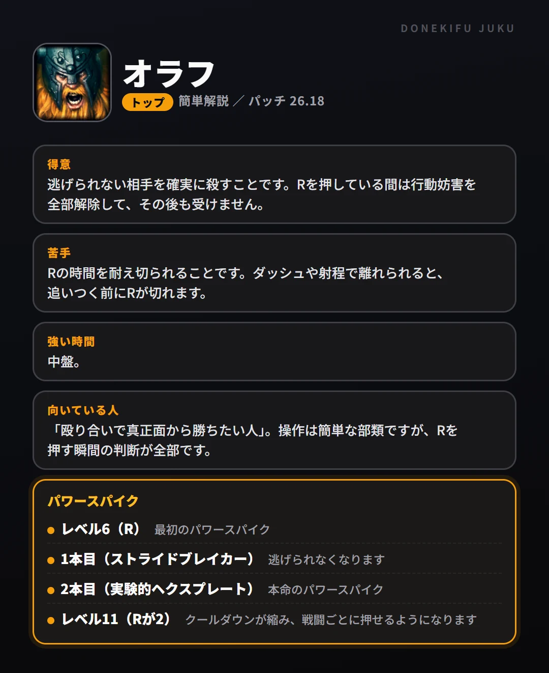 オラフはこういうチャンピオン（トップ）。得意なこと・苦手なこと・強い時間帯と、パワースパイク