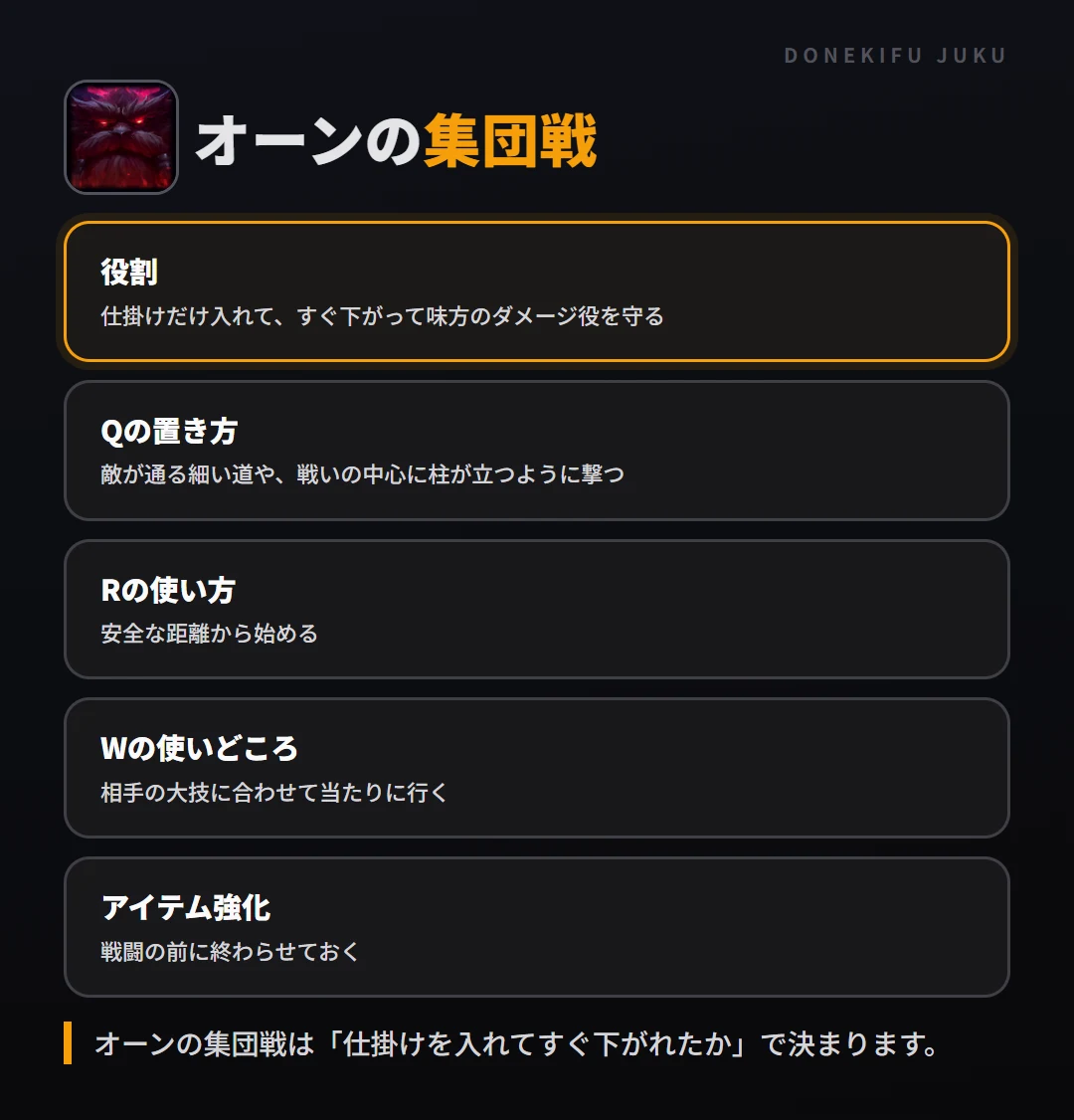 オーンの集団戦の立ち回り。役割、Qの置き方、Rの使い方、Wの使いどころ、アイテム強化