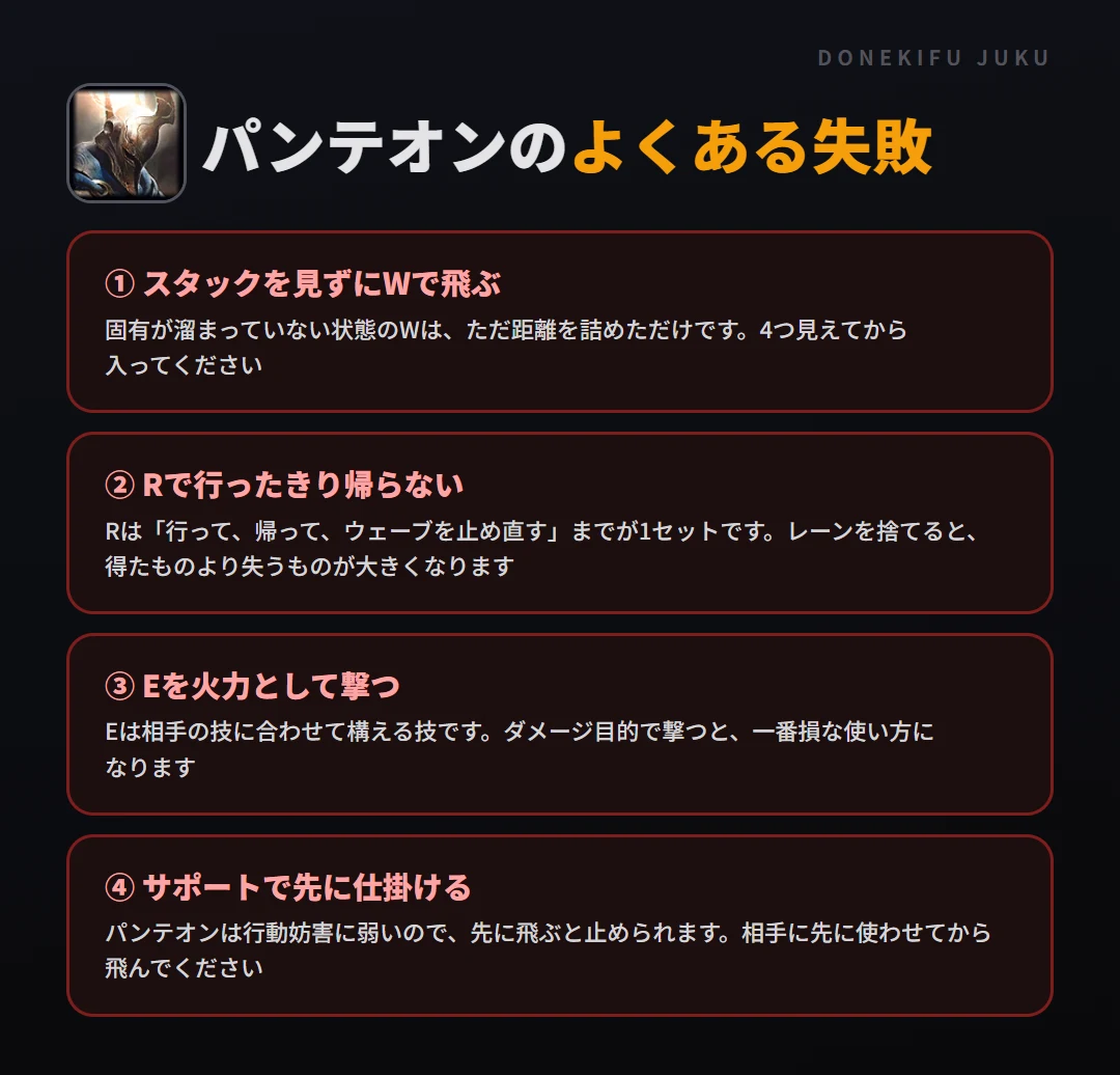 パンテオンのよくある失敗。スタックを見ずにWで飛ぶ、Rで行ったきり帰らない、Eを火力として撃つ、サポートで先に仕掛ける