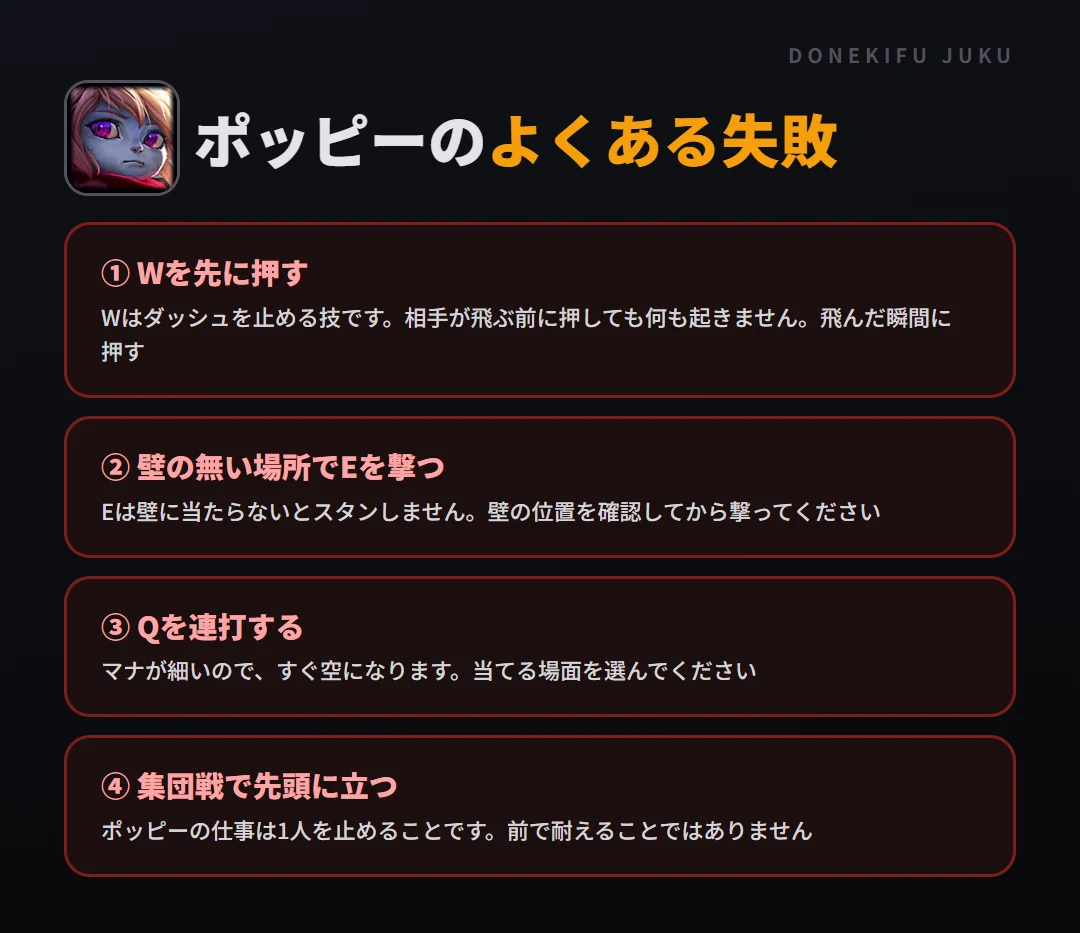 ポッピーのよくある失敗。Wを先に押す、壁の無い場所でEを撃つ、Qを連打する、集団戦で先頭に立つ
