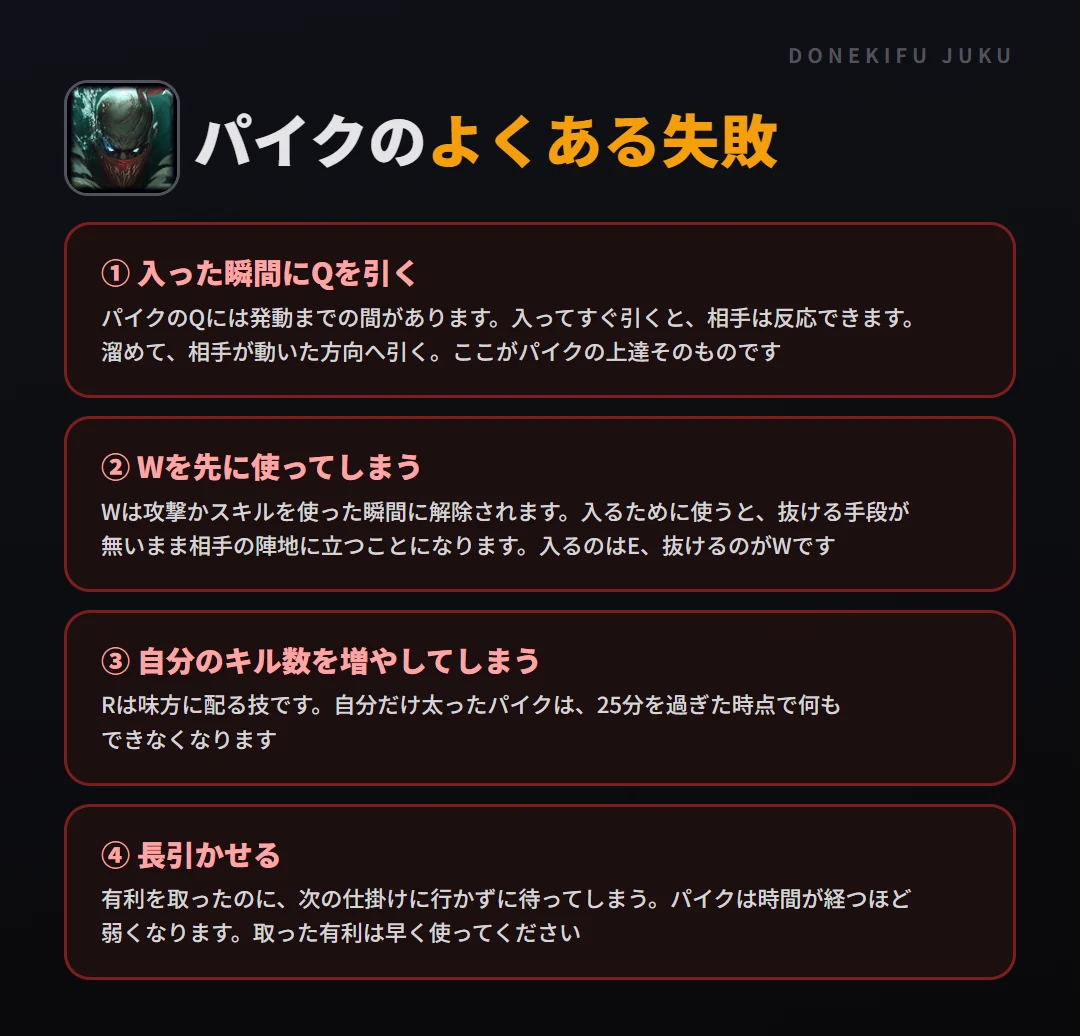 パイクのよくある失敗。入った瞬間にQを引く、Wを先に使ってしまう、自分のキル数を増やしてしまう、長引かせる