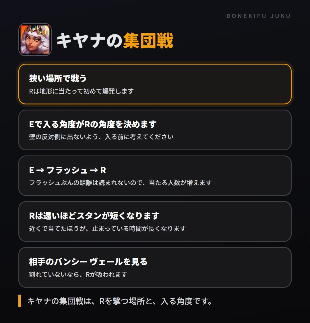キヤナの集団戦の立ち回り。狭い場所で戦う、Eで入る角度がRの角度を決めます、E → フラッシュ → R、Rは遠いほどスタンが短くなります、相手のバンシー ヴェールを見る