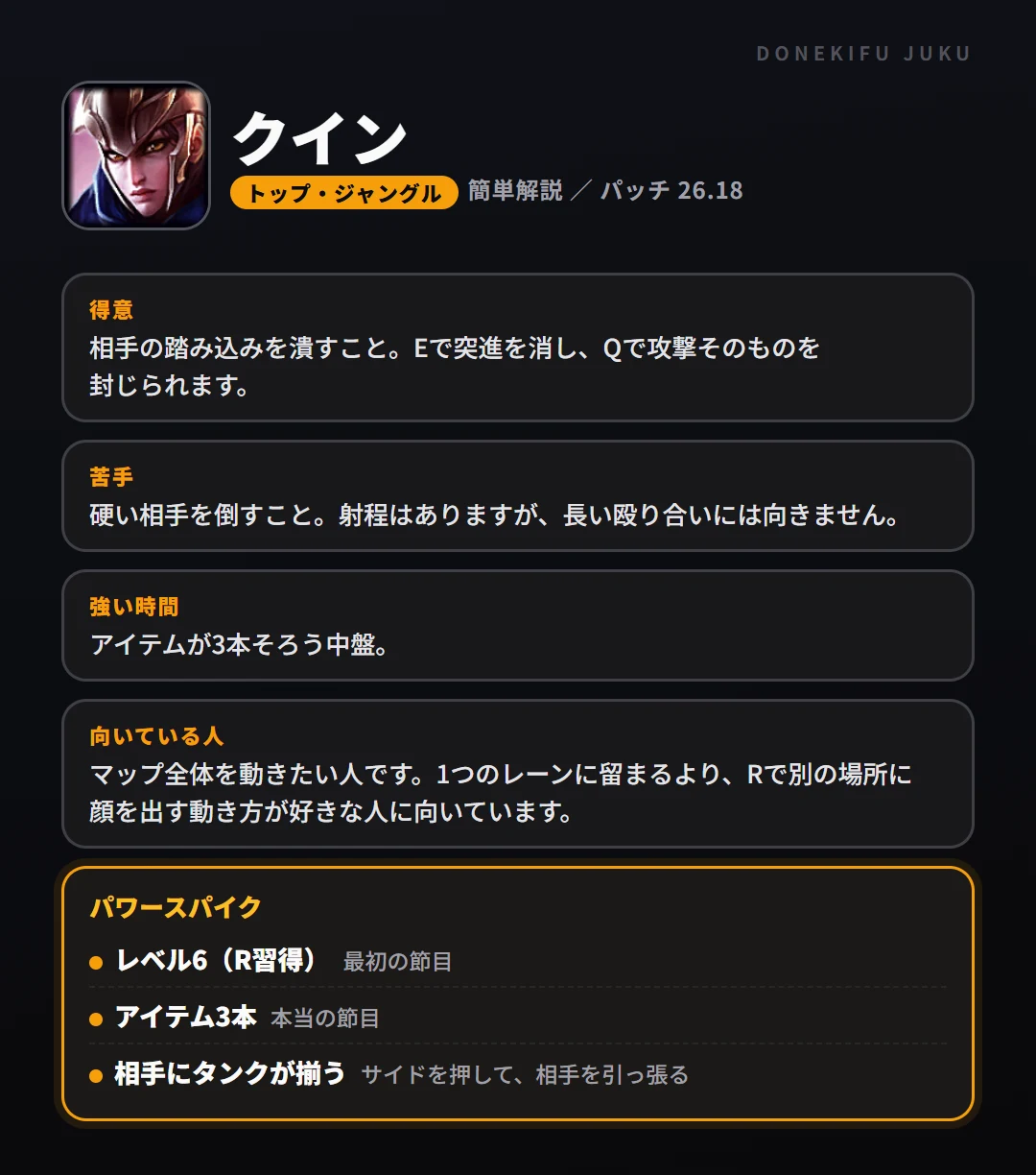 クインはこういうチャンピオン(トップ・ジャングル)。得意なこと・苦手なこと・強い時間帯と、パワースパイク