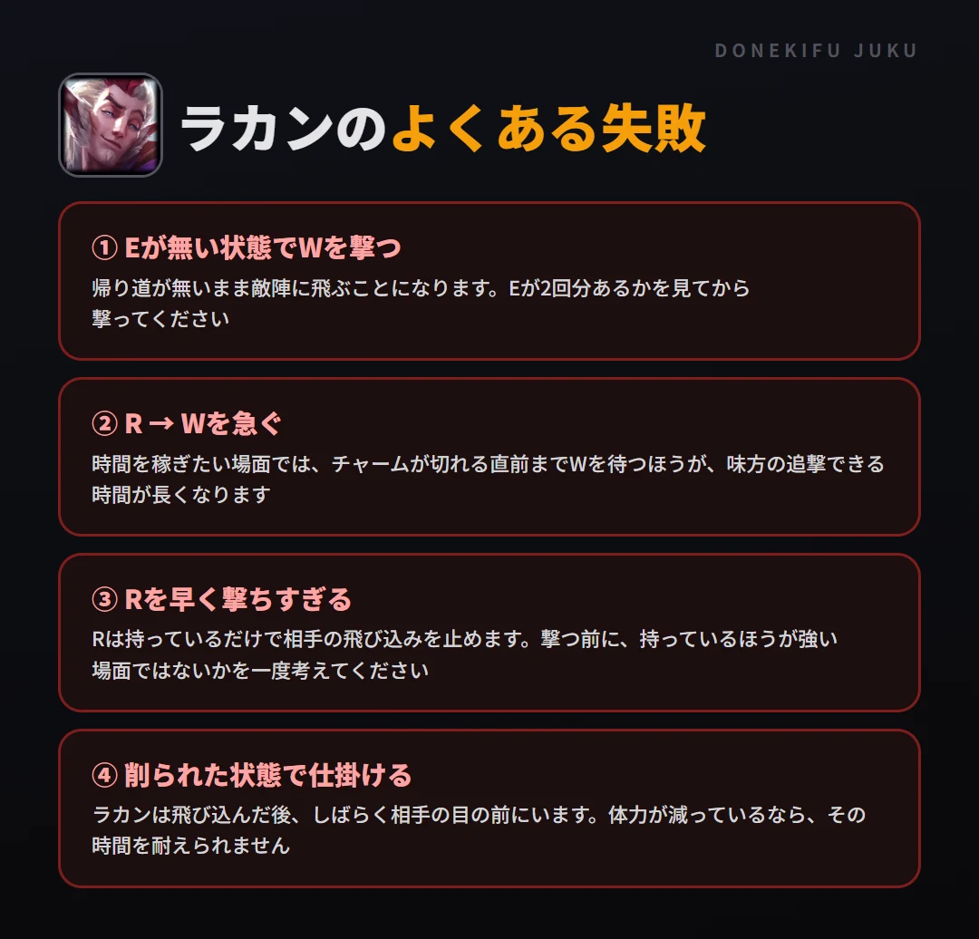ラカンのよくある失敗。Eが無い状態でWを撃つ、R → Wを急ぐ、Rを早く撃ちすぎる、削られた状態で仕掛ける