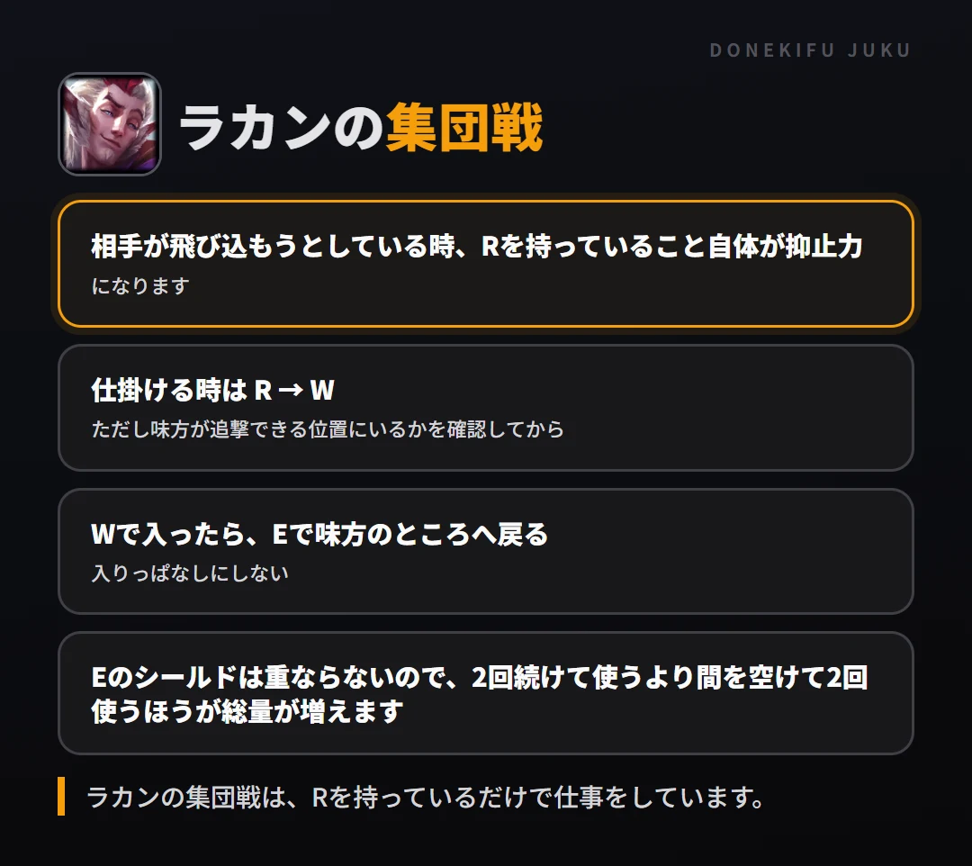 ラカンの集団戦の立ち回り。相手が飛び込もうとしている時、Rを持っていること自体が抑止力、仕掛ける時は R → W、Wで入ったら、Eで味方のところへ戻る、Eのシールドは重ならないので、2回続けて使うより間を空けて2回使うほうが総量が増えます