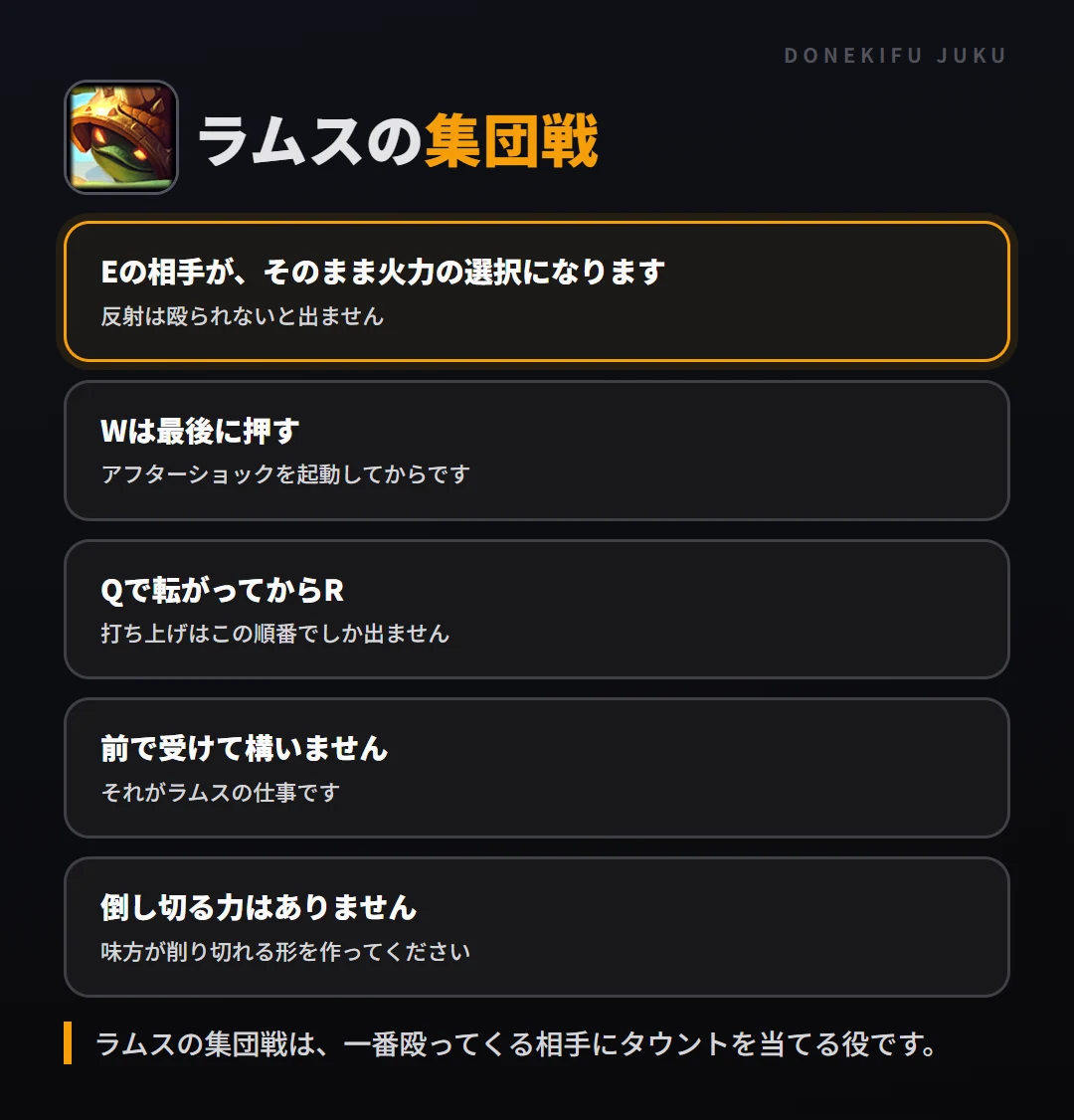 ラムスの集団戦の立ち回り。Eの相手が、そのまま火力の選択になります、Wは最後に押す、Qで転がってからR、前で受けて構いません、倒し切る力はありません