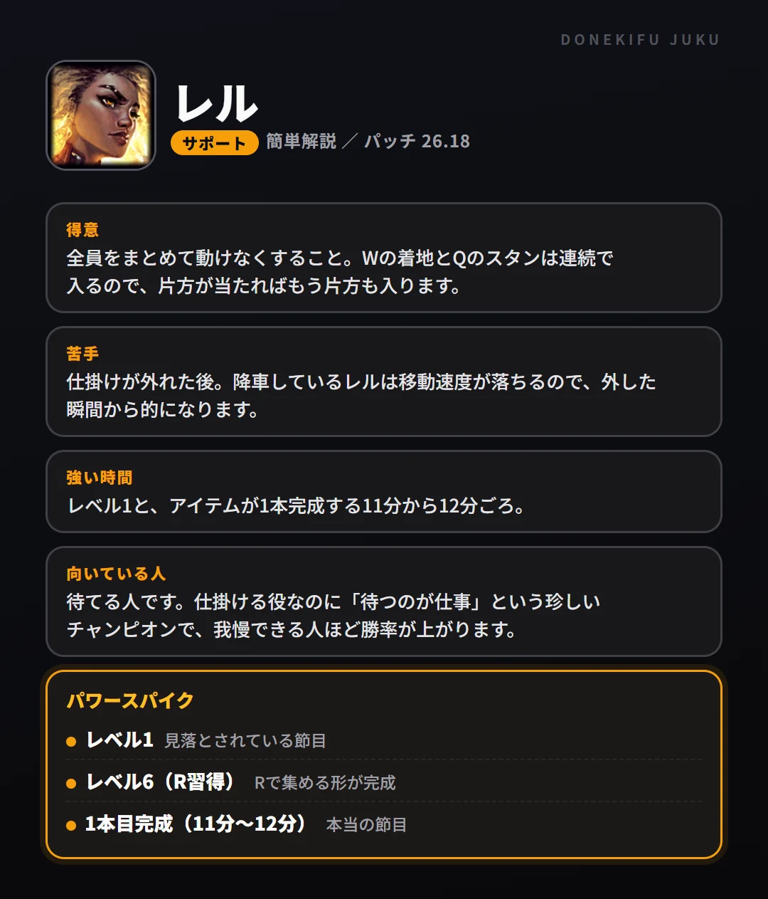 レルはこういうチャンピオン(サポート)。得意なこと・苦手なこと・強い時間帯と、パワースパイク