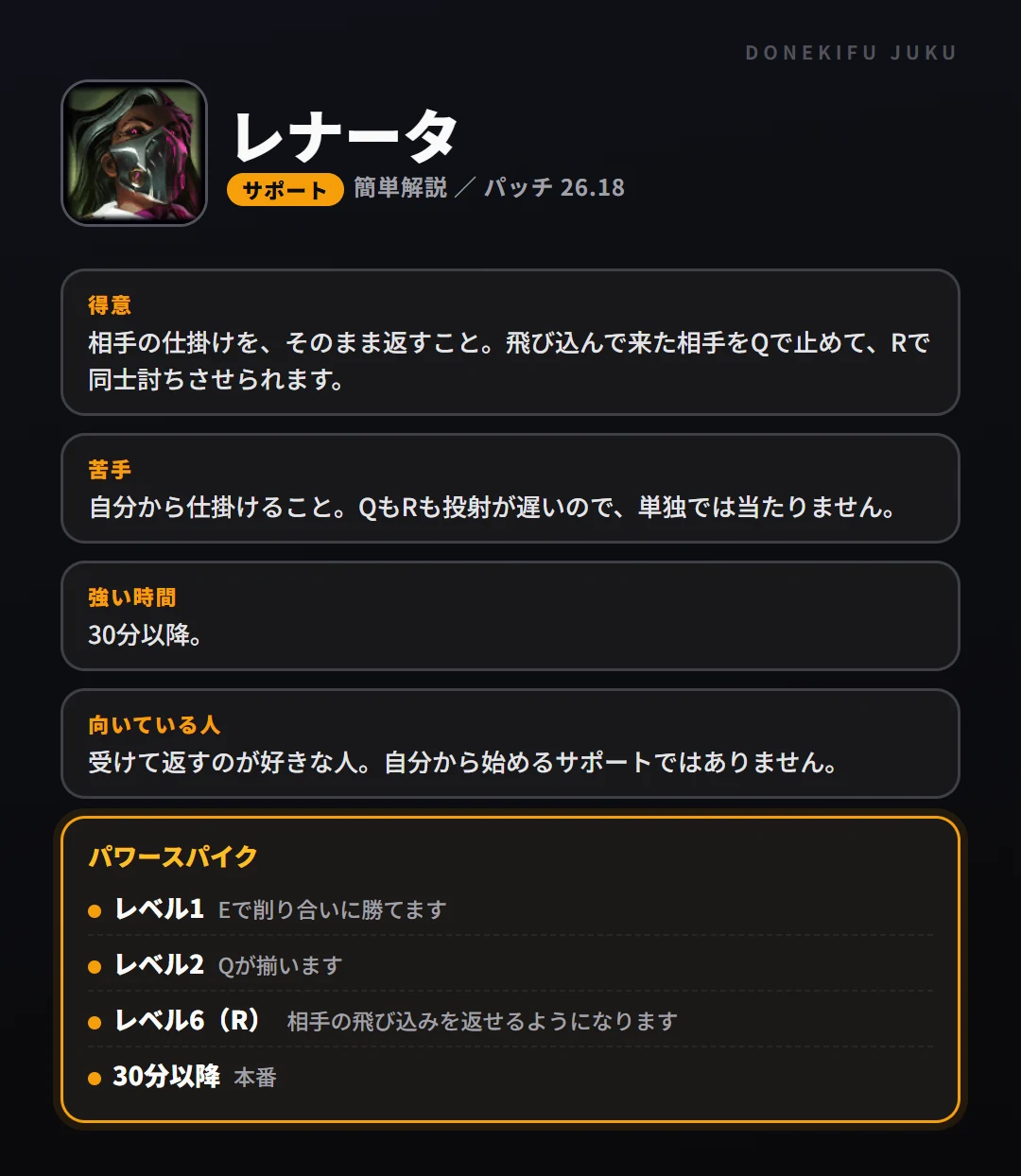 レナータはこういうチャンピオン（サポート）。得意なこと・苦手なこと・強い時間帯と、パワースパイク