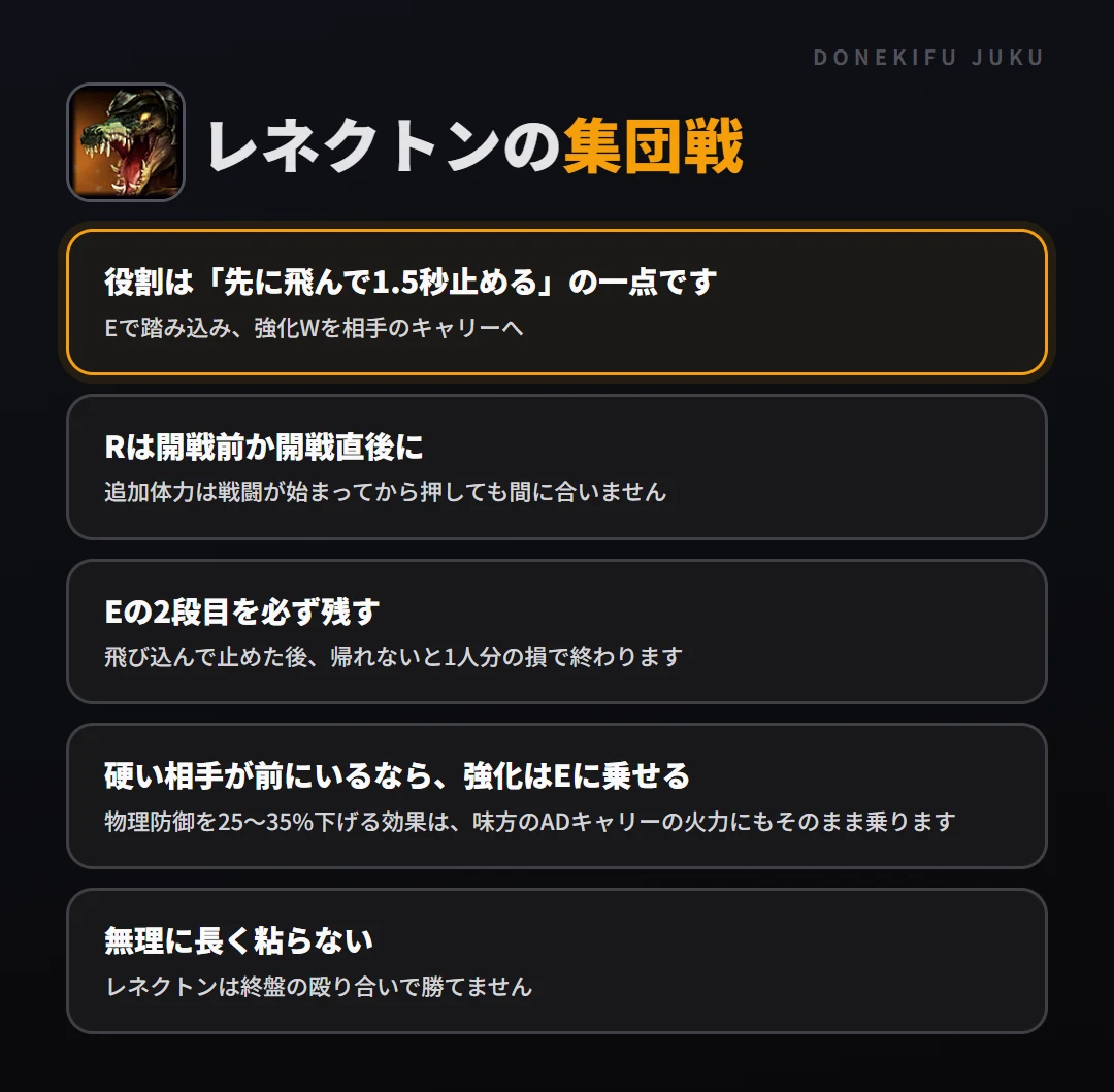 レネクトンの集団戦の立ち回り。役割は「先に飛んで1.5秒止める」の一点です、Rは開戦前か開戦直後に、Eの2段目を必ず残す、硬い相手が前にいるなら、強化はEに乗せる、無理に長く粘らない
