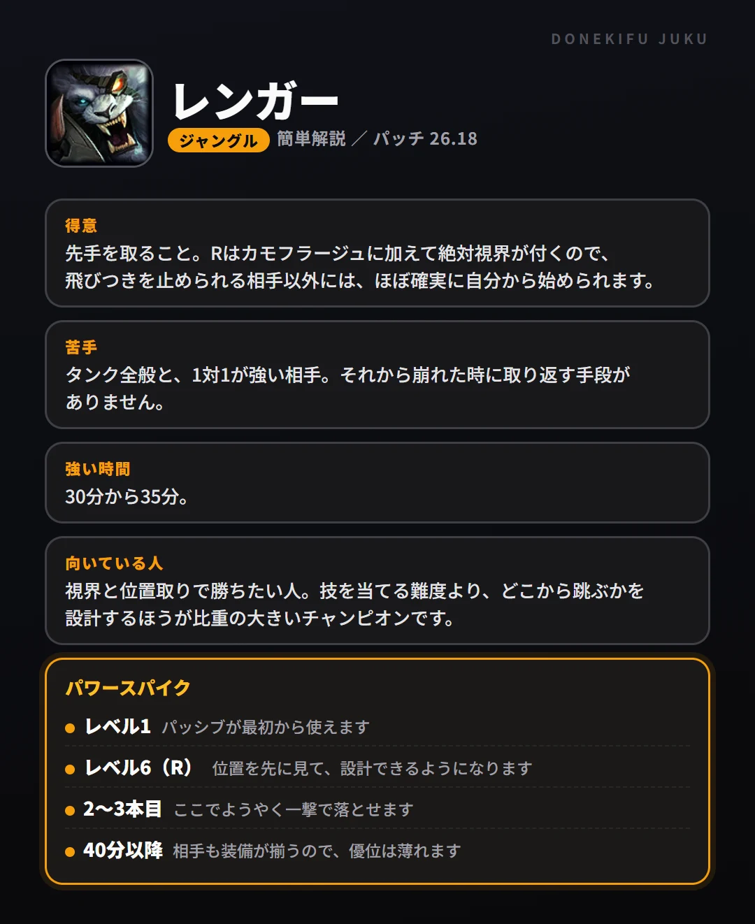 レンガーはこういうチャンピオン(ジャングル)。得意なこと・苦手なこと・強い時間帯と、パワースパイク