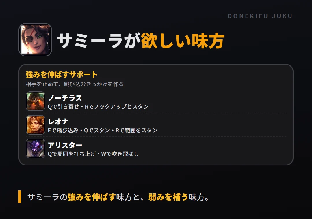 サミーラが欲しい味方。強みを伸ばすサポート: ノーチラス・レオナ・アリスター