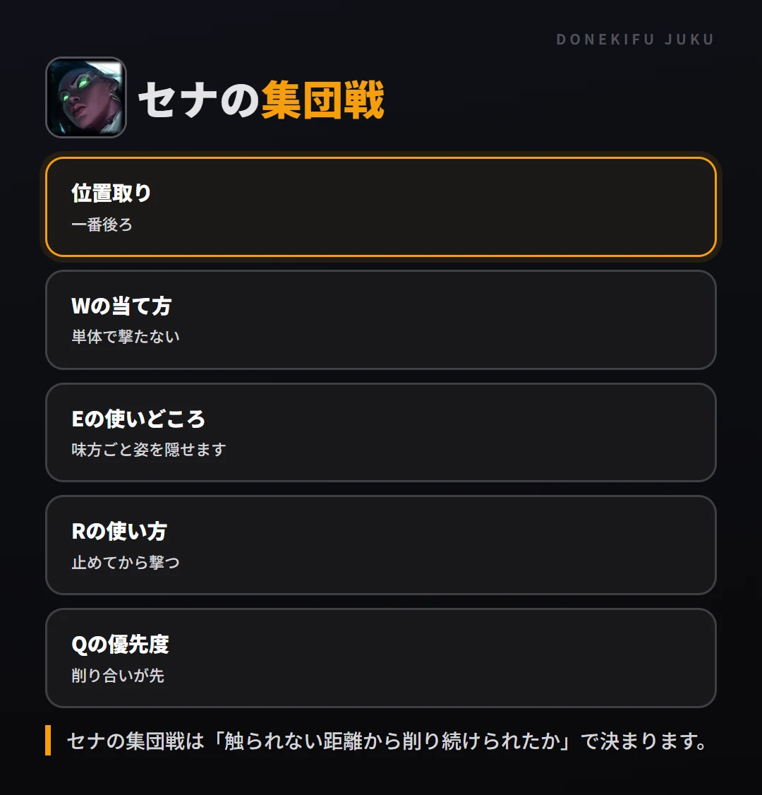 セナの集団戦の立ち回り。位置取り、Wの当て方、Eの使いどころ、Rの使い方、Qの優先度