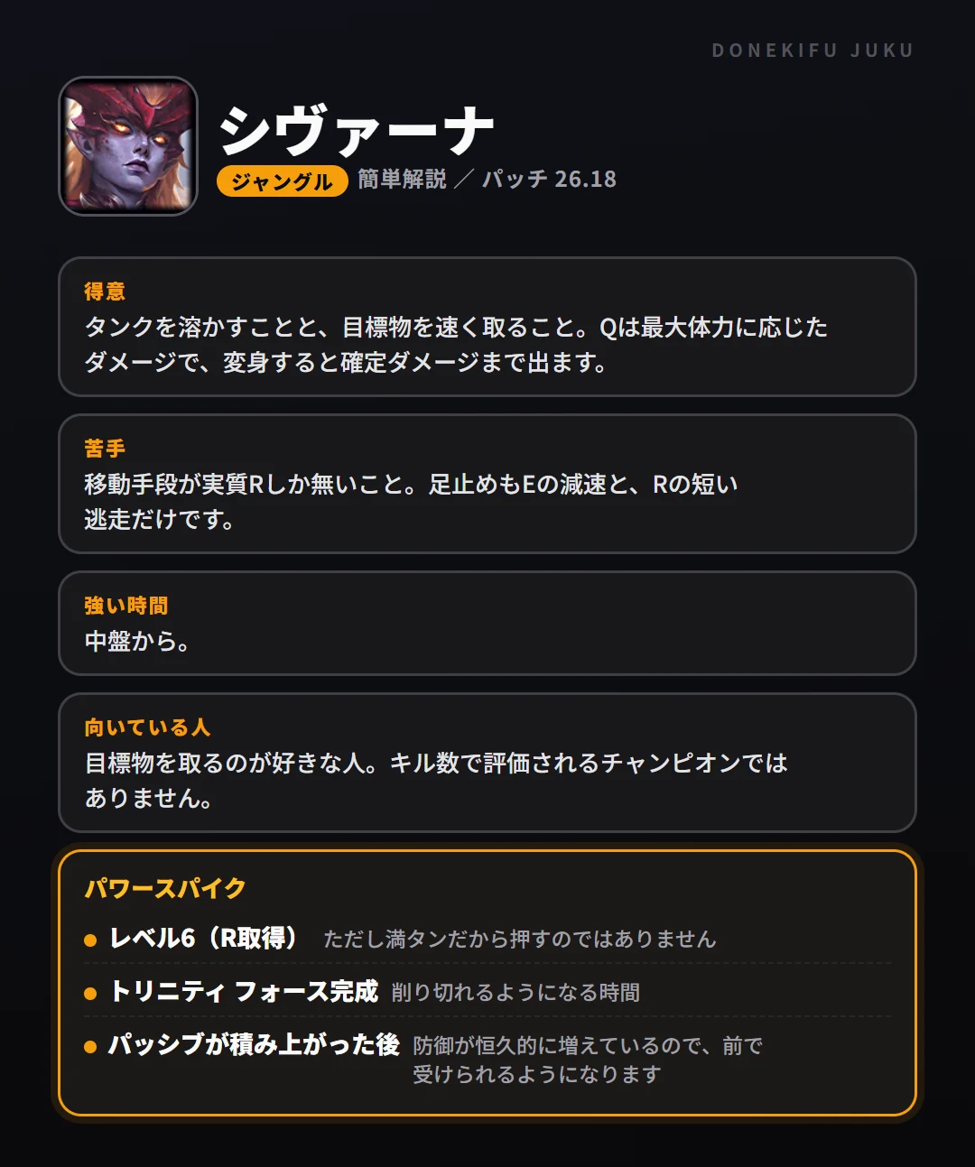 シヴァーナはこういうチャンピオン（ジャングル）。得意なこと・苦手なこと・強い時間帯と、パワースパイク