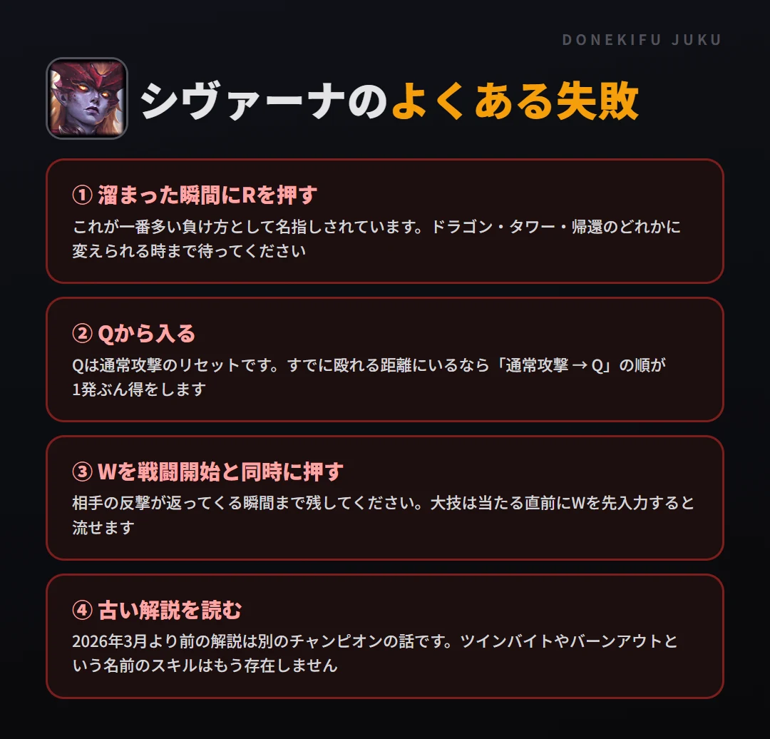 シヴァーナのよくある失敗。溜まった瞬間にRを押す、Qから入る、Wを戦闘開始と同時に押す、古い解説を読む
