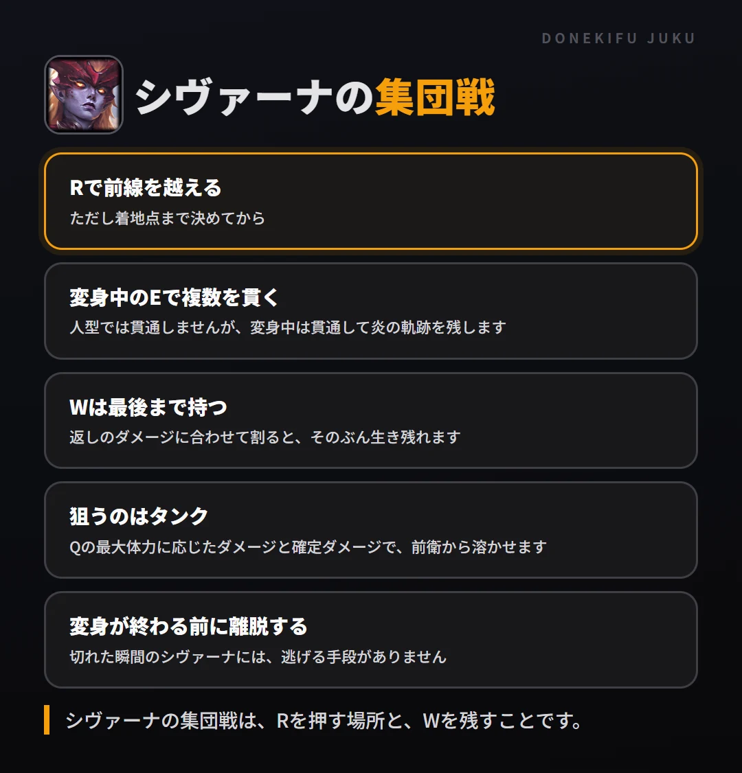 シヴァーナの集団戦の立ち回り。Rで前線を越える、変身中のEで複数を貫く、Wは最後まで持つ、狙うのはタンク、変身が終わる前に離脱する