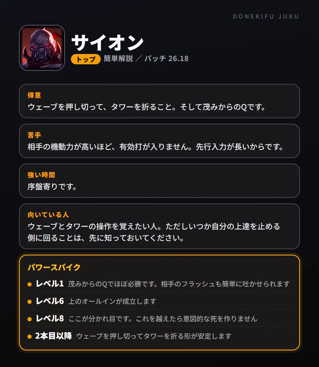 サイオンはこういうチャンピオン（トップ）。得意なこと・苦手なこと・強い時間帯と、パワースパイク