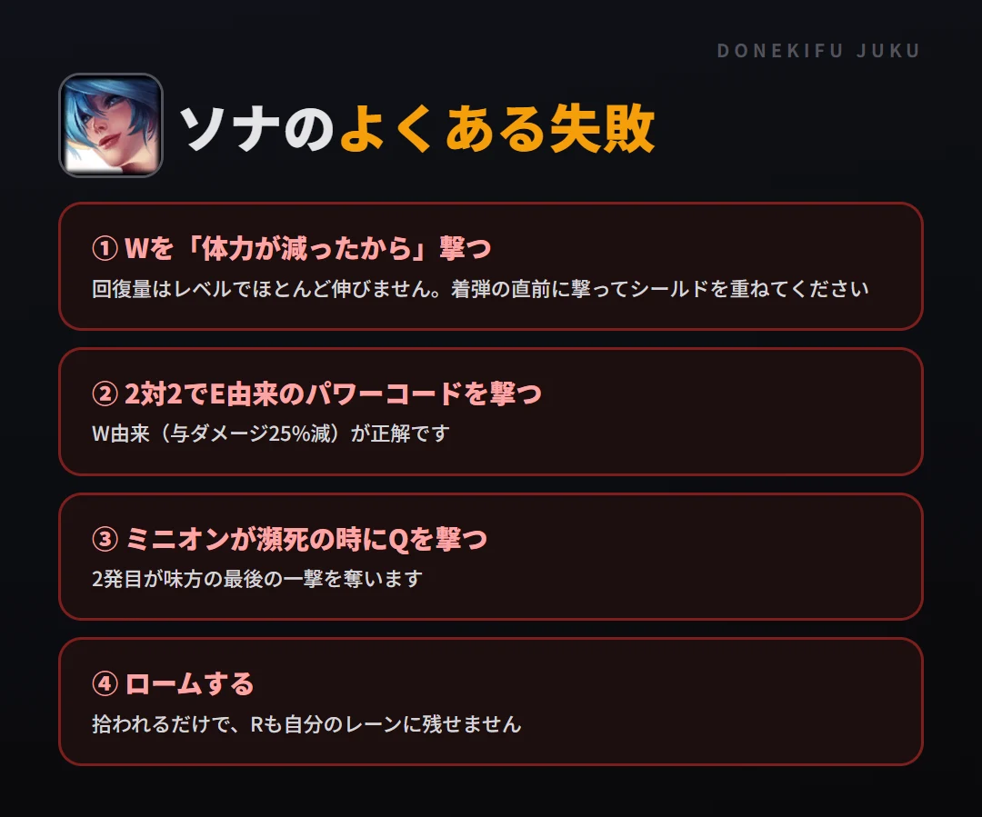 ソナのよくある失敗。Wを「体力が減ったから」撃つ、2対2でE由来のパワーコードを撃つ、ミニオンが瀕死の時にQを撃つ、ロームする
