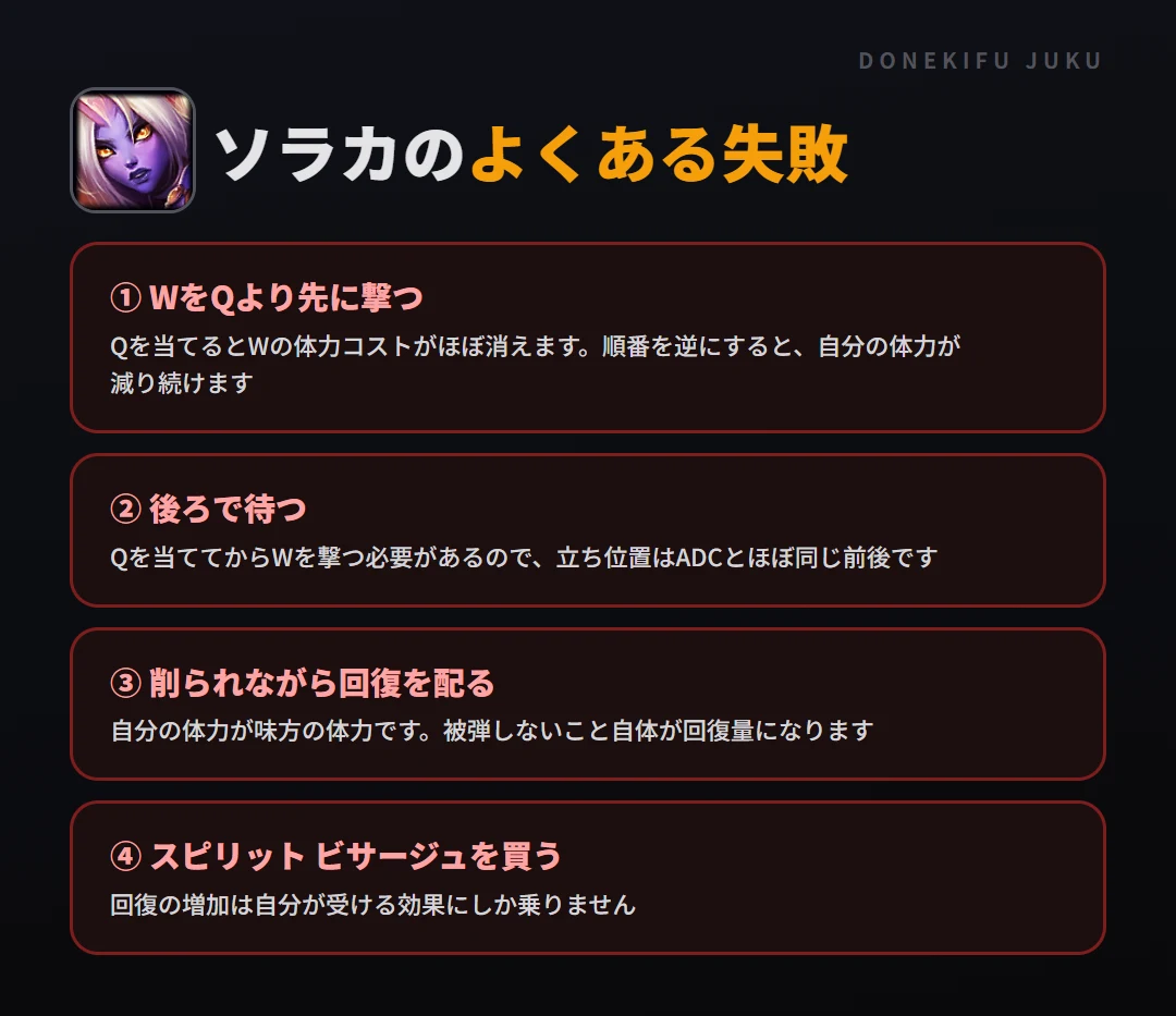 ソラカのよくある失敗。WをQより先に撃つ、後ろで待つ、削られながら回復を配る、スピリット ビサージュを買う