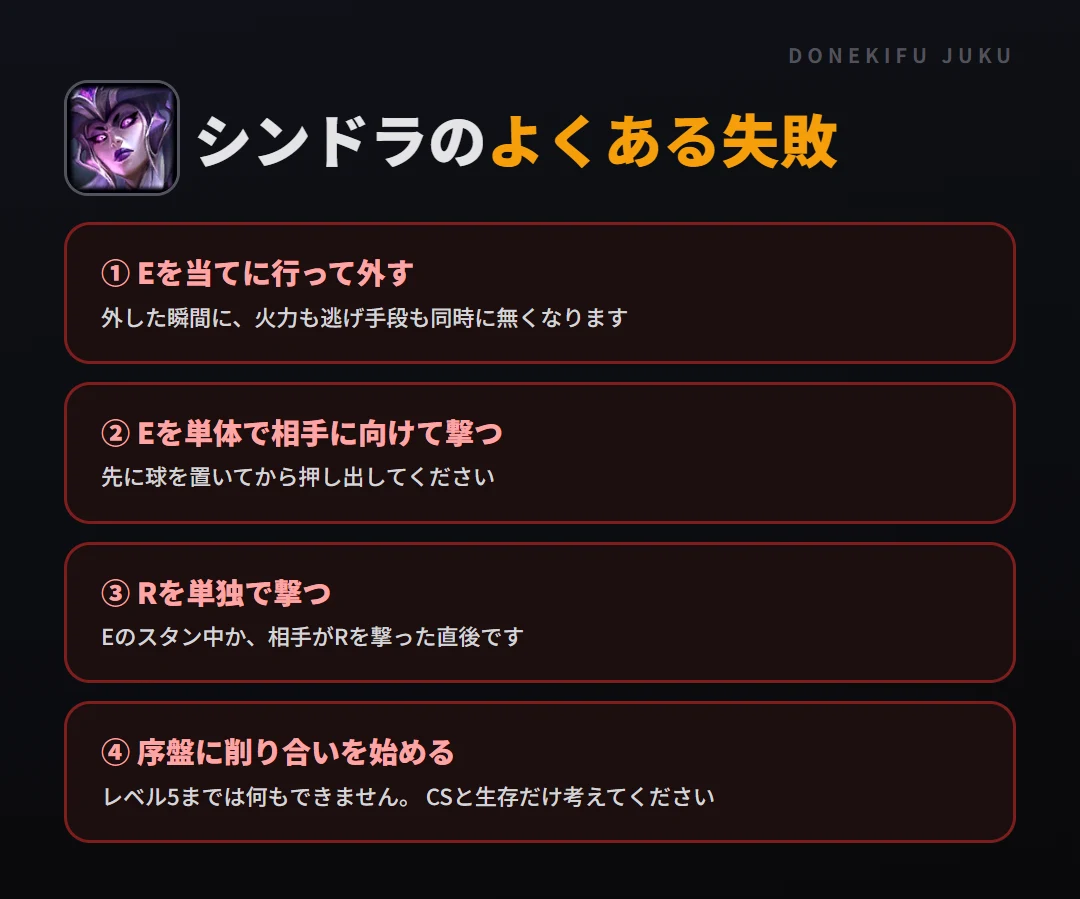 シンドラのよくある失敗。Eを当てに行って外す、Eを単体で相手に向けて撃つ、Rを単独で撃つ、序盤に削り合いを始める