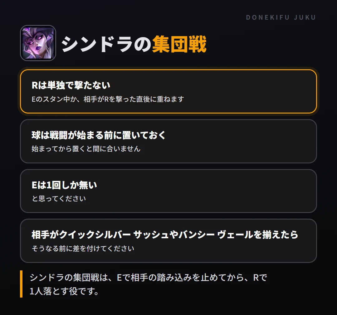 シンドラの集団戦の立ち回り。Rは単独で撃たない、球は戦闘が始まる前に置いておく、Eは1回しか無い、相手がクイックシルバー サッシュやバンシー ヴェールを揃えたら