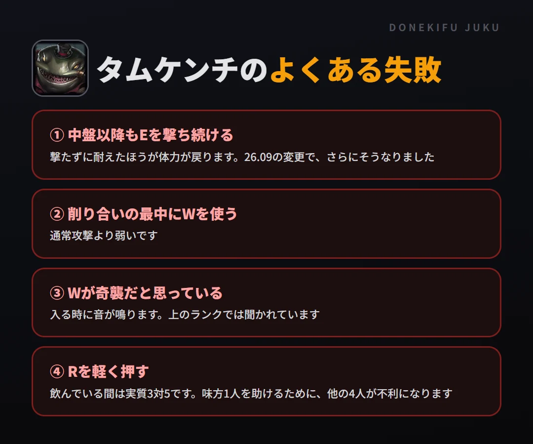 タムケンチのよくある失敗。中盤以降もEを撃ち続ける、削り合いの最中にWを使う、Wが奇襲だと思っている、Rを軽く押す