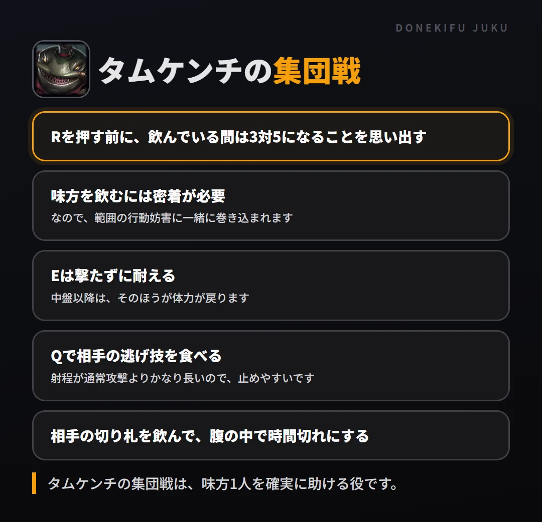 タムケンチの集団戦の立ち回り。Rを押す前に、飲んでいる間は3対5になることを思い出す、味方を飲むには密着が必要、Eは撃たずに耐える、Qで相手の逃げ技を食べる、相手の切り札を飲んで、腹の中で時間切れにする