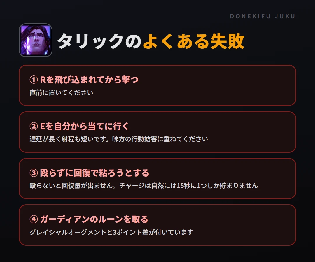 タリックのよくある失敗。Rを飛び込まれてから撃つ、Eを自分から当てに行く、殴らずに回復で粘ろうとする、ガーディアンのルーンを取る