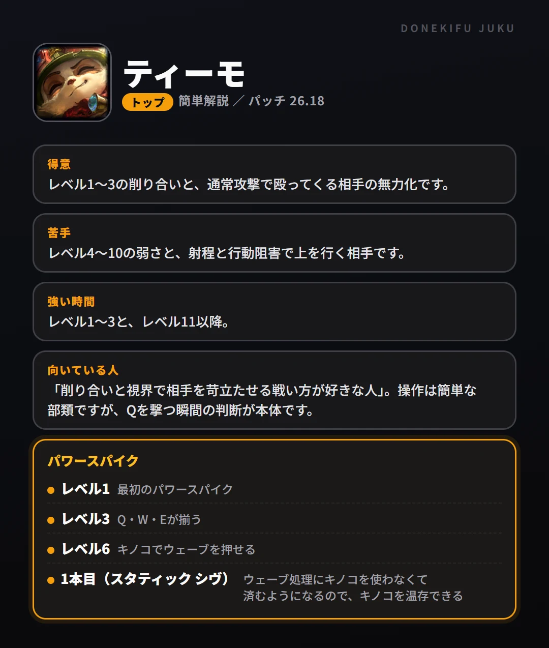 ティーモはこういうチャンピオン（トップ）。得意なこと・苦手なこと・強い時間帯と、パワースパイク