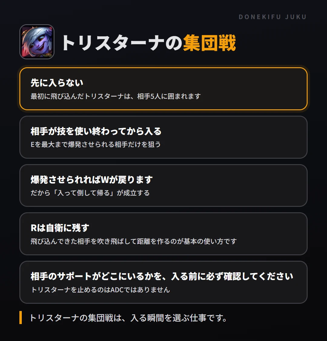 トリスターナの集団戦の立ち回り。先に入らない、相手が技を使い終わってから入る、爆発させられればWが戻ります、Rは自衛に残す、相手のサポートがどこにいるかを、入る前に必ず確認してください