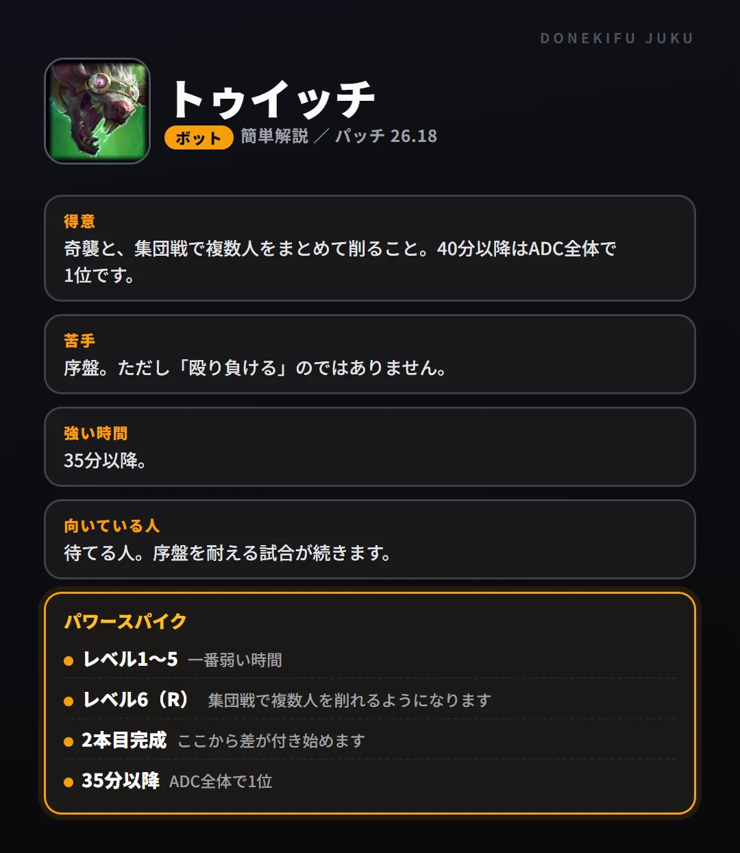 トゥイッチはこういうチャンピオン(ボット)。得意なこと・苦手なこと・強い時間帯と、パワースパイク