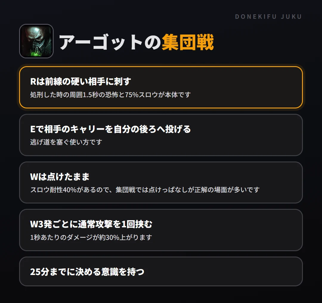 アーゴットの集団戦の立ち回り。Rは前線の硬い相手に刺す、Eで相手のキャリーを自分の後ろへ投げる、Wは点けたまま、W3発ごとに通常攻撃を1回挟む、25分までに決める意識を持つ