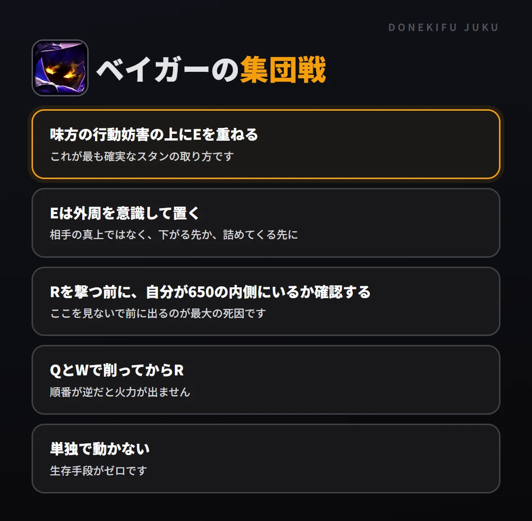 ベイガーの集団戦の立ち回り。味方の行動妨害の上にEを重ねる、Eは外周を意識して置く、Rを撃つ前に、自分が650の内側にいるか確認する、QとWで削ってからR、単独で動かない
