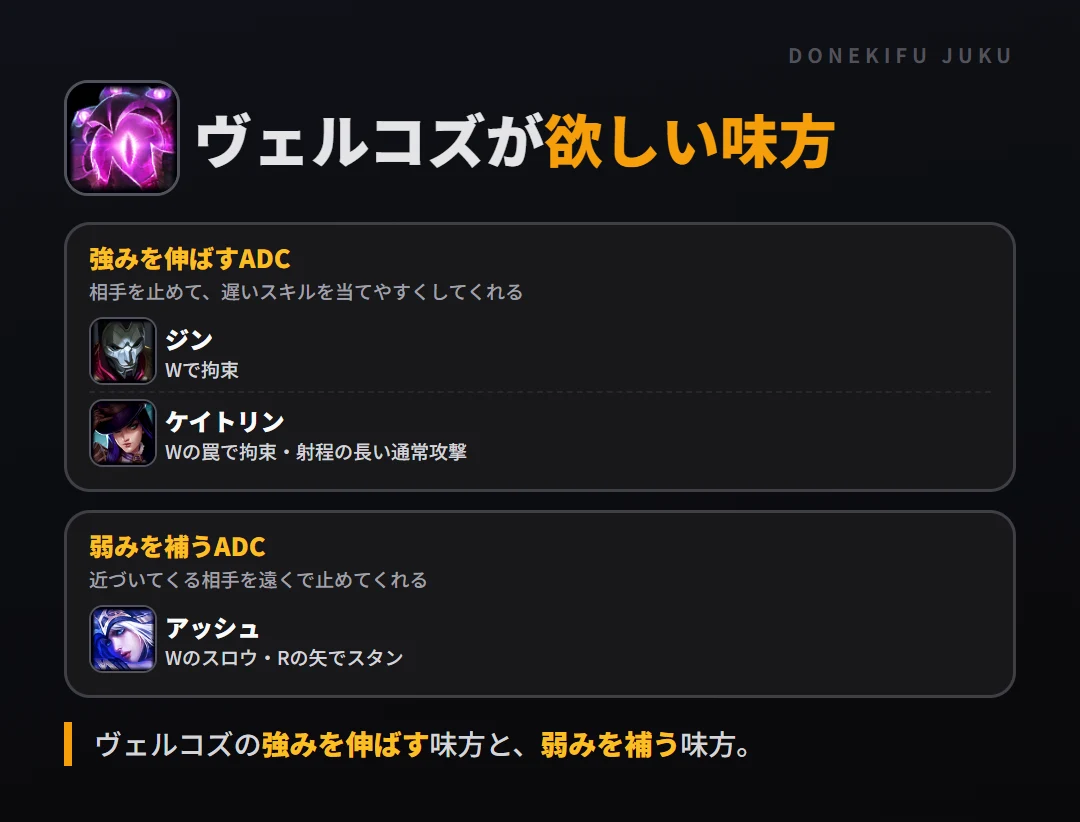 ヴェルコズが欲しい味方。強みを伸ばすADC: ジン・ケイトリン/弱みを補うADC: アッシュ
