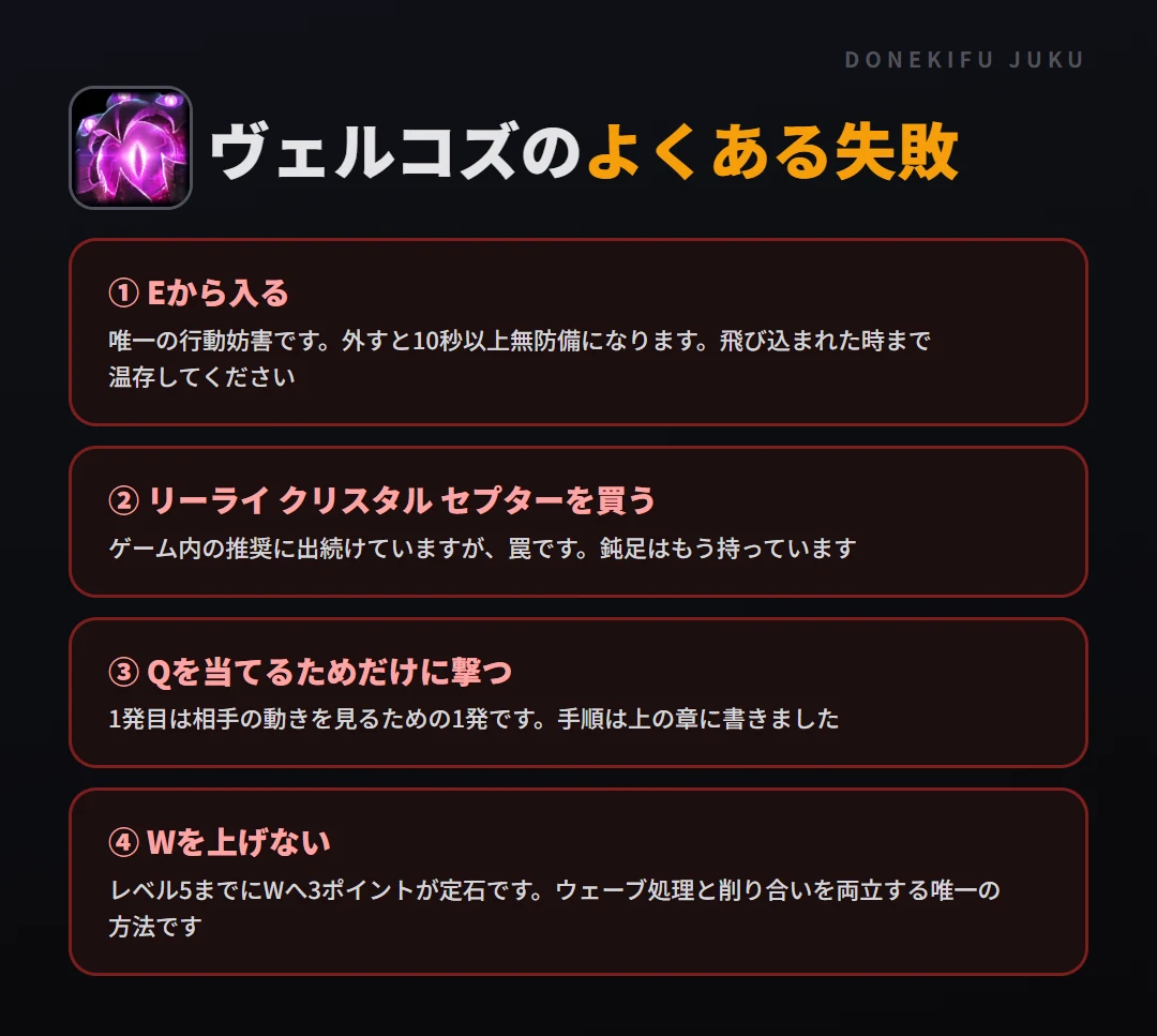 ヴェルコズのよくある失敗。Eから入る、リーライ クリスタル セプターを買う、Qを当てるためだけに撃つ、Wを上げない