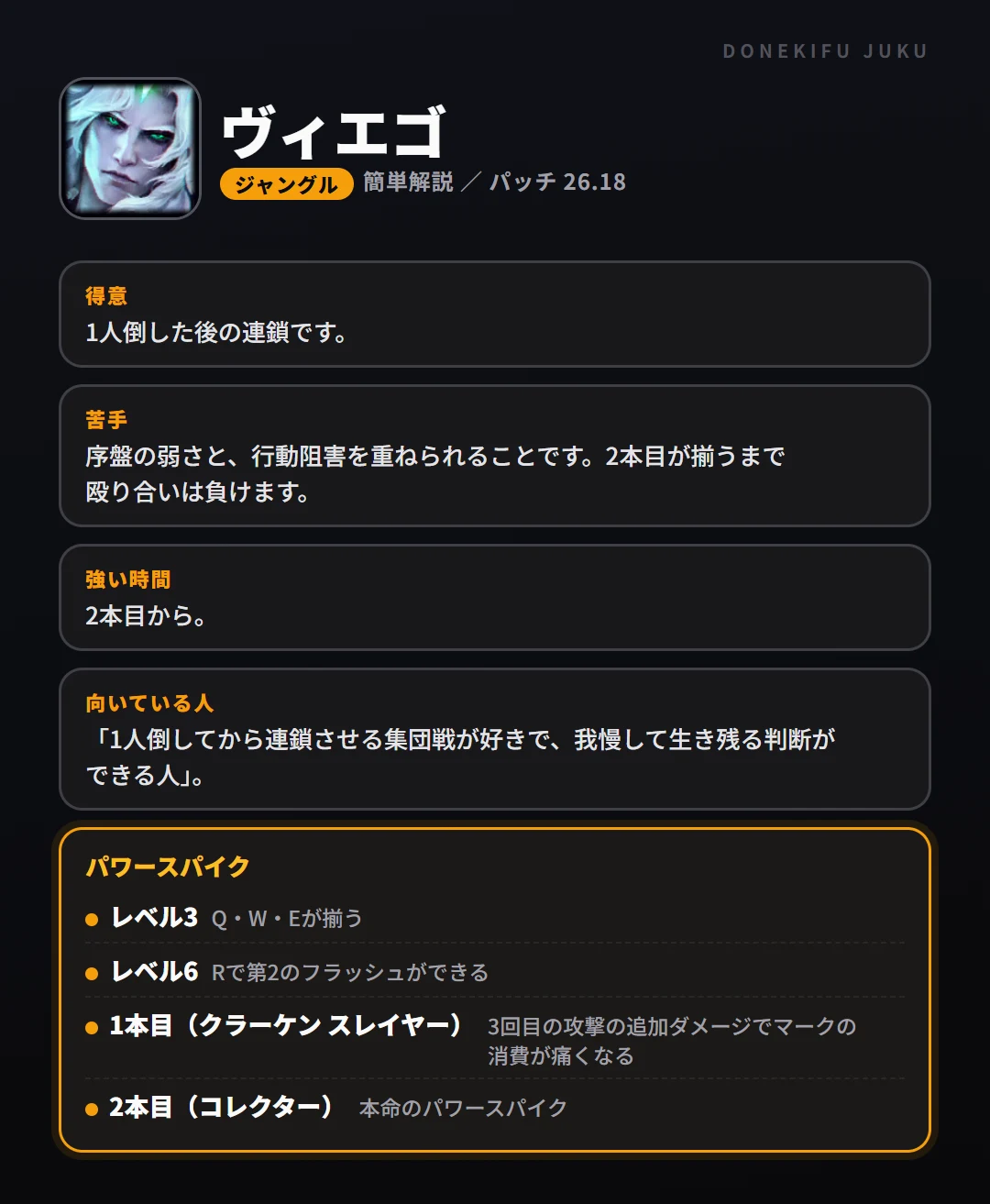 ヴィエゴはこういうチャンピオン（ジャングル）。得意なこと・苦手なこと・強い時間帯と、パワースパイク