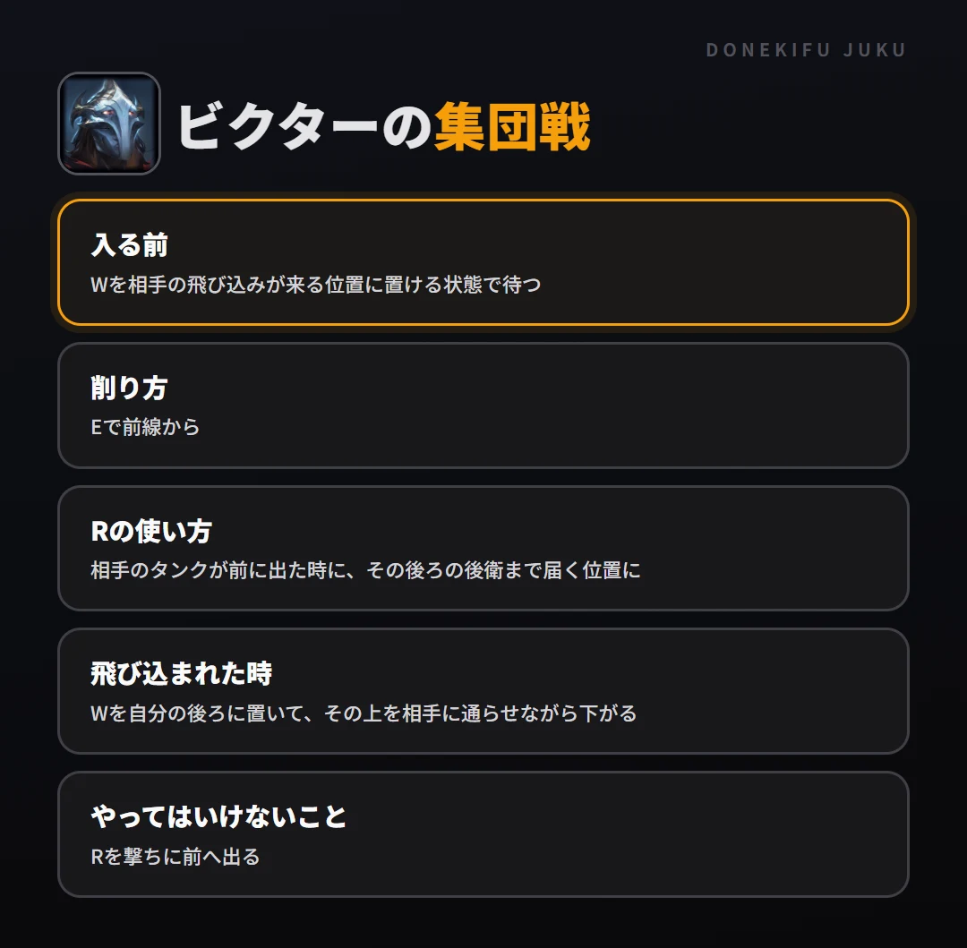 ビクターの集団戦の立ち回り。入る前、削り方、Rの使い方、飛び込まれた時、やってはいけないこと