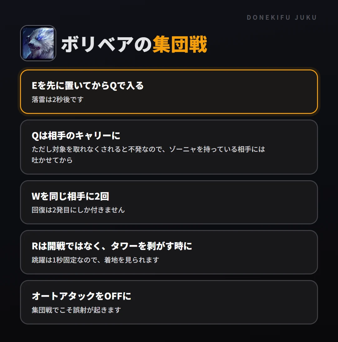 ボリベアの集団戦の立ち回り。Eを先に置いてからQで入る、Qは相手のキャリーに、Wを同じ相手に2回、Rは開戦ではなく、タワーを剥がす時に、オートアタックをOFFに