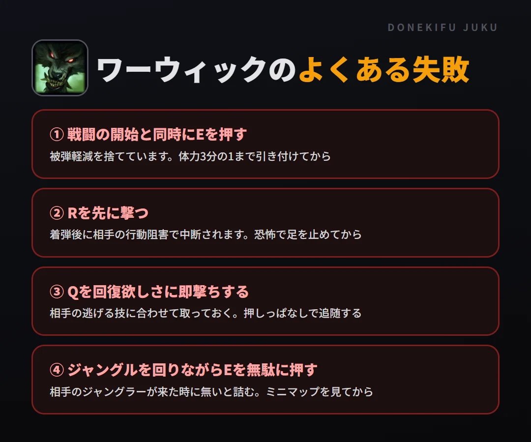 ワーウィックのよくある失敗。戦闘の開始と同時にEを押す、Rを先に撃つ、Qを回復欲しさに即撃ちする、ジャングルを回りながらEを無駄に押す