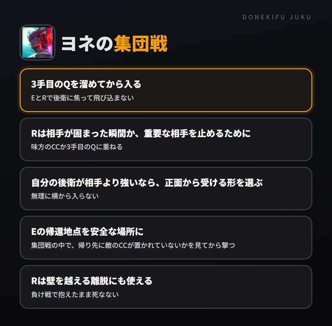 ヨネの集団戦の立ち回り。3手目のQを溜めてから入る、Rは相手が固まった瞬間か、重要な相手を止めるために、自分の後衛が相手より強いなら、正面から受ける形を選ぶ、Eの帰還地点を安全な場所に、Rは壁を越える離脱にも使える