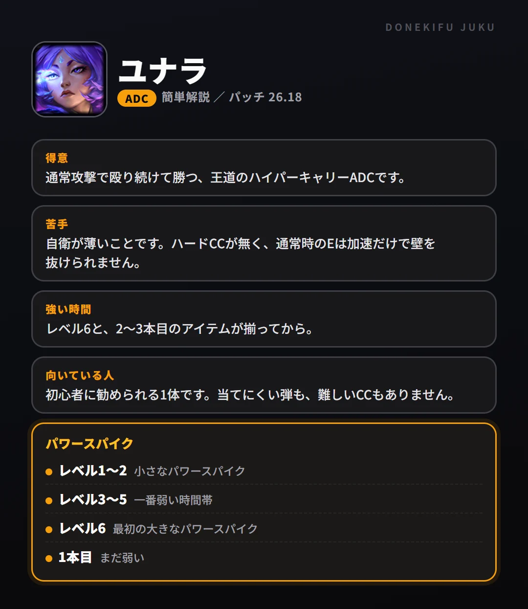 ユナラはこういうチャンピオン（ADC）。得意なこと・苦手なこと・強い時間帯と、パワースパイク