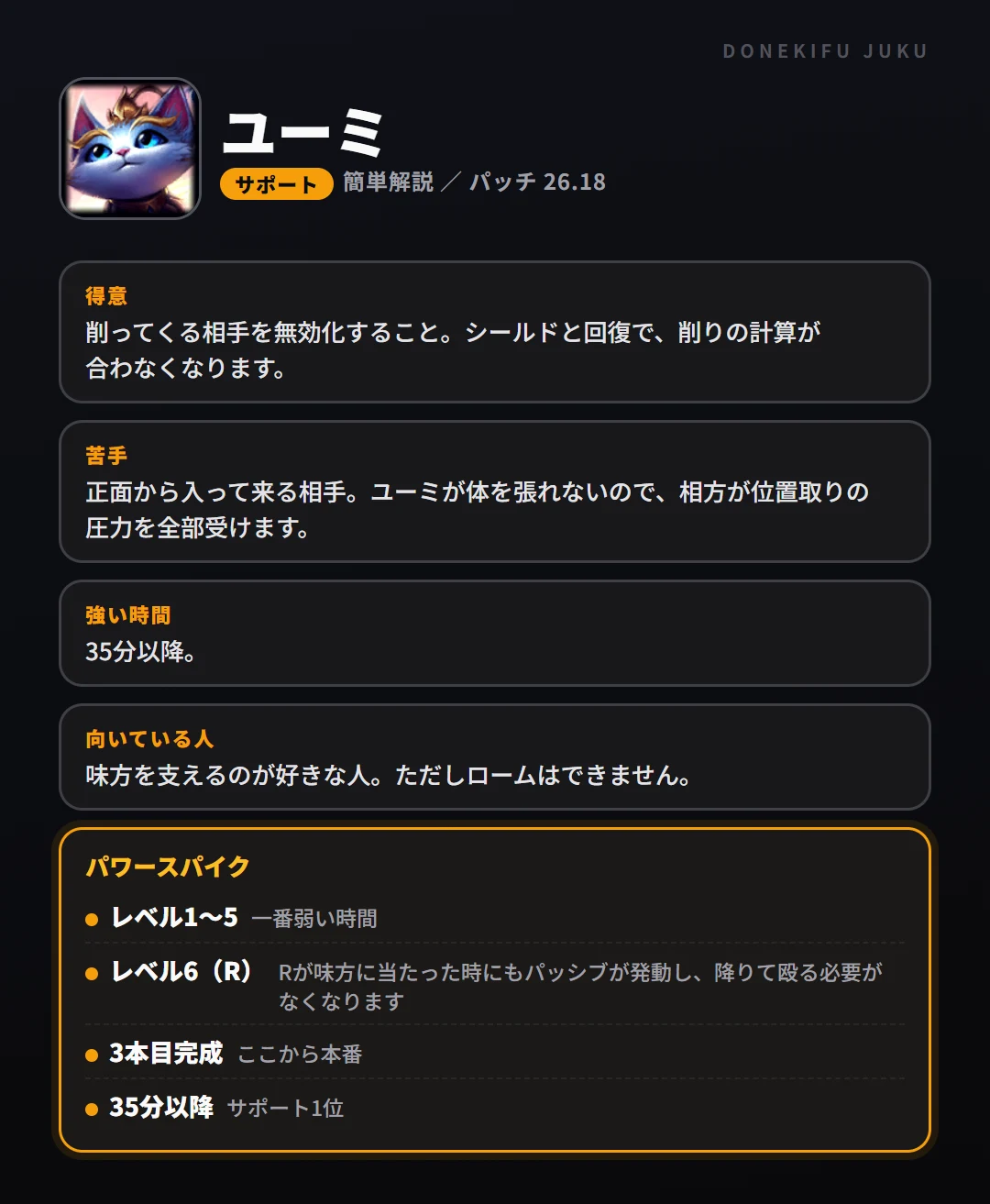 ユーミはこういうチャンピオン（サポート）。得意なこと・苦手なこと・強い時間帯と、パワースパイク