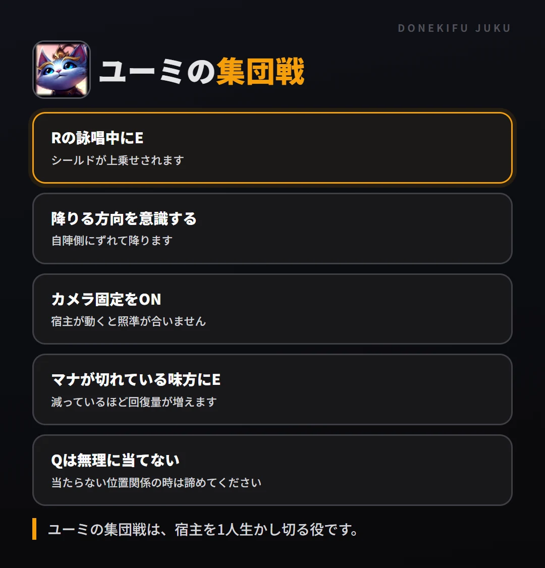 ユーミの集団戦の立ち回り。Rの詠唱中にE、降りる方向を意識する、カメラ固定をON、マナが切れている味方にE、Qは無理に当てない